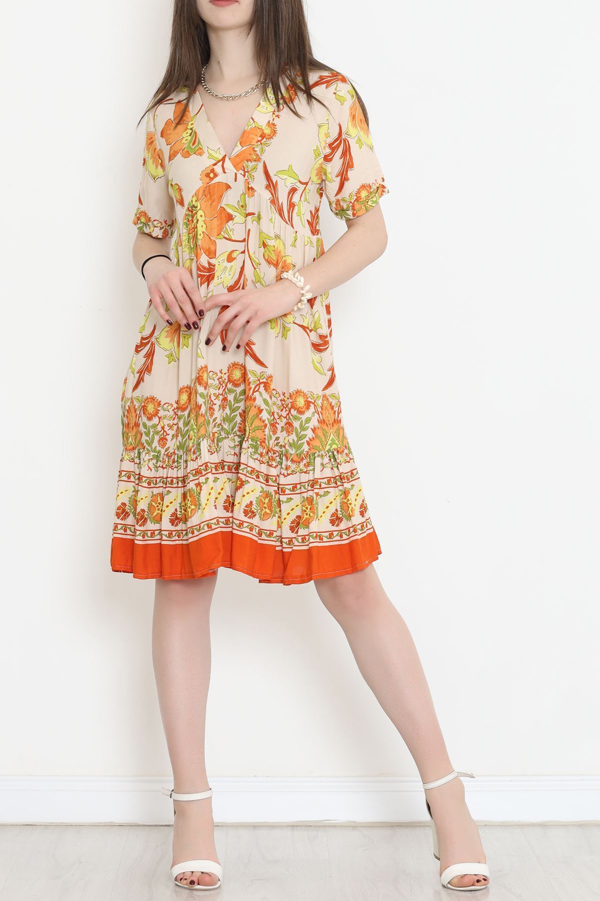 V Yaka Desenli Elbise Turuncu - 152340.701.