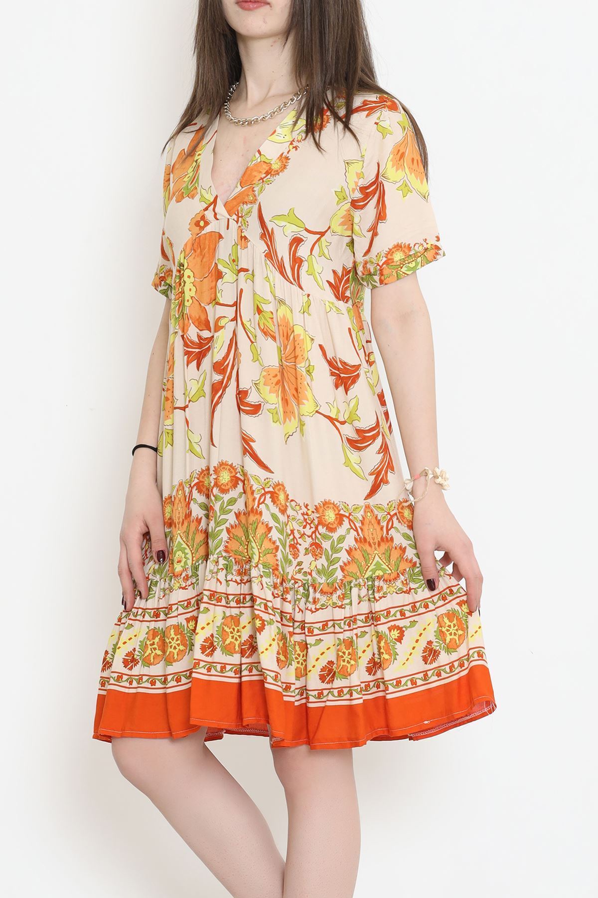 V Yaka Desenli Elbise Turuncu - 152340.701.