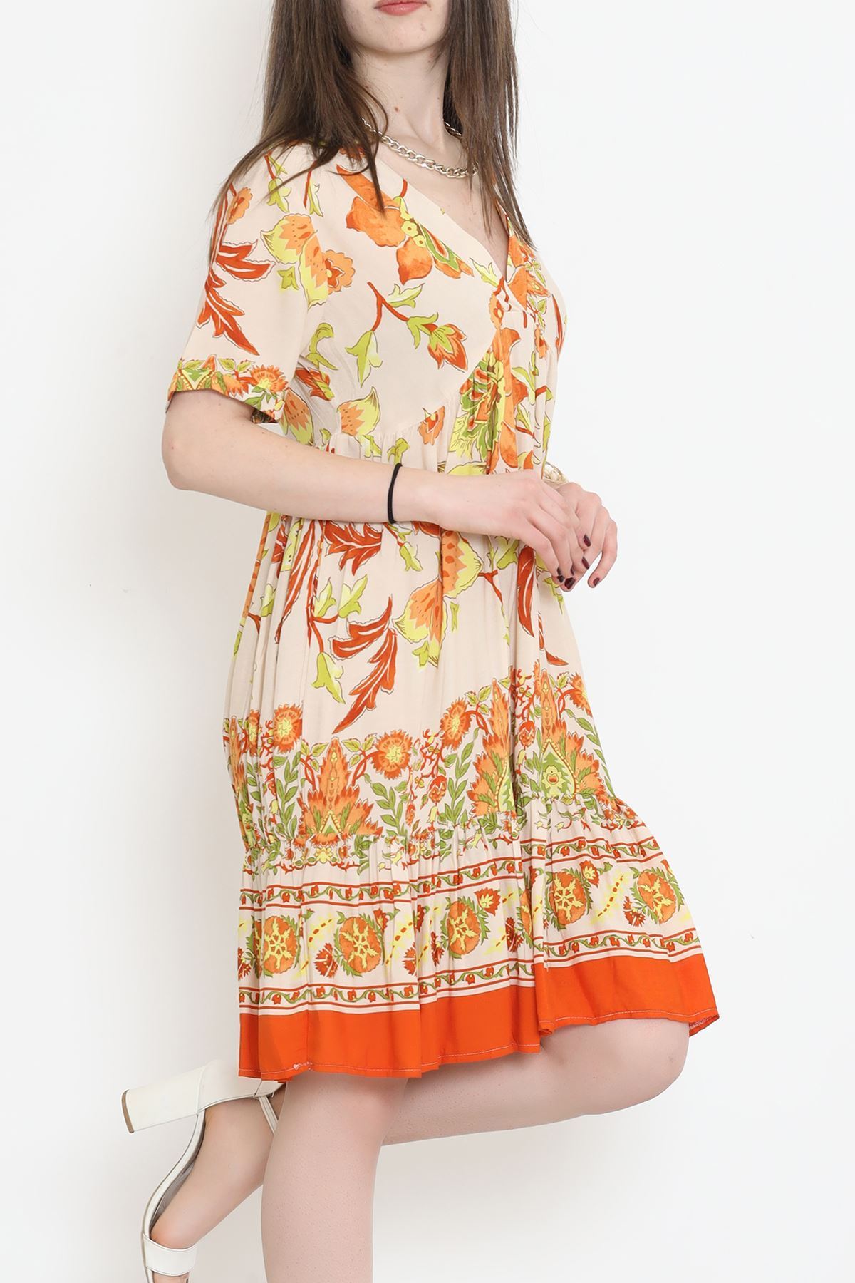 V Yaka Desenli Elbise Turuncu - 152340.701.