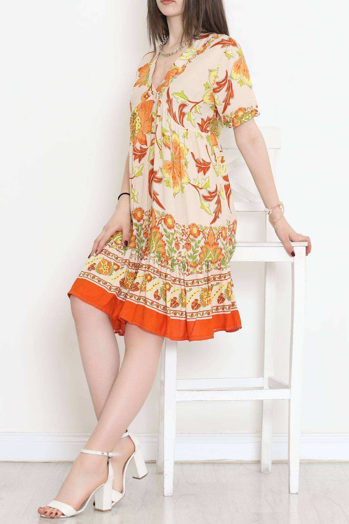 V Yaka Desenli Elbise Turuncu - 152340.701.
