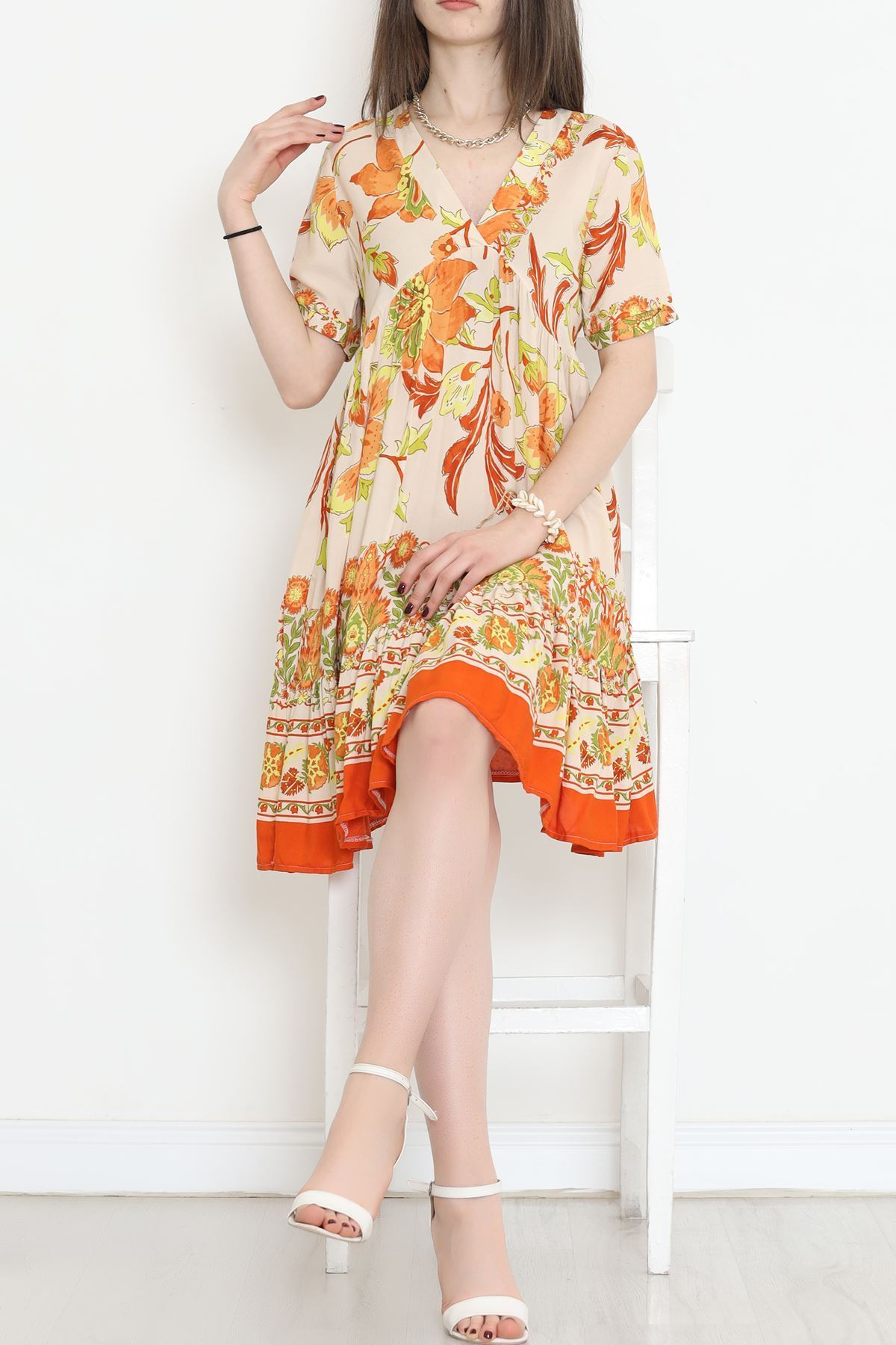 V Yaka Desenli Elbise Turuncu - 152340.701.