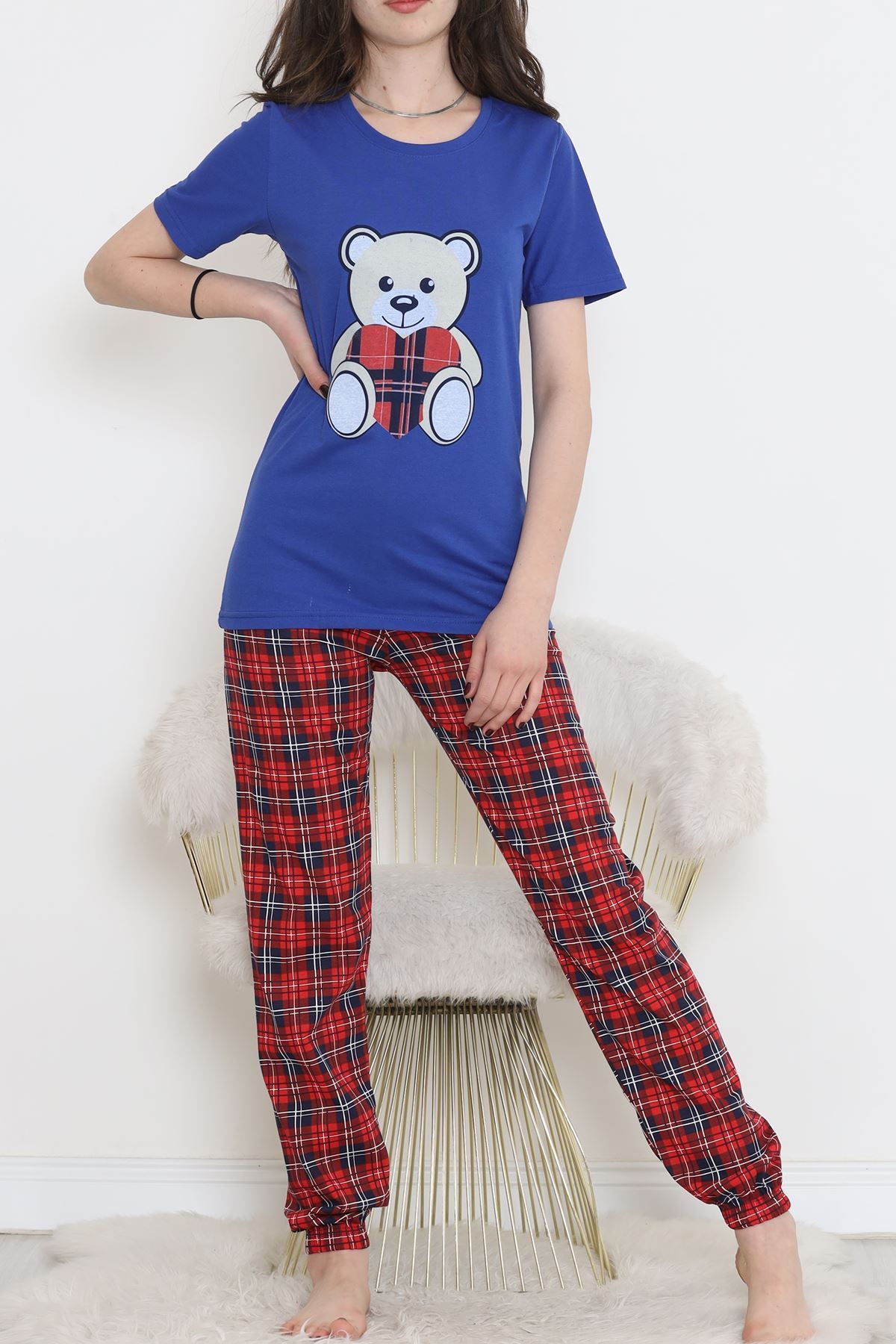 Desenli Pijama Takımı Saks - 15279.1773.