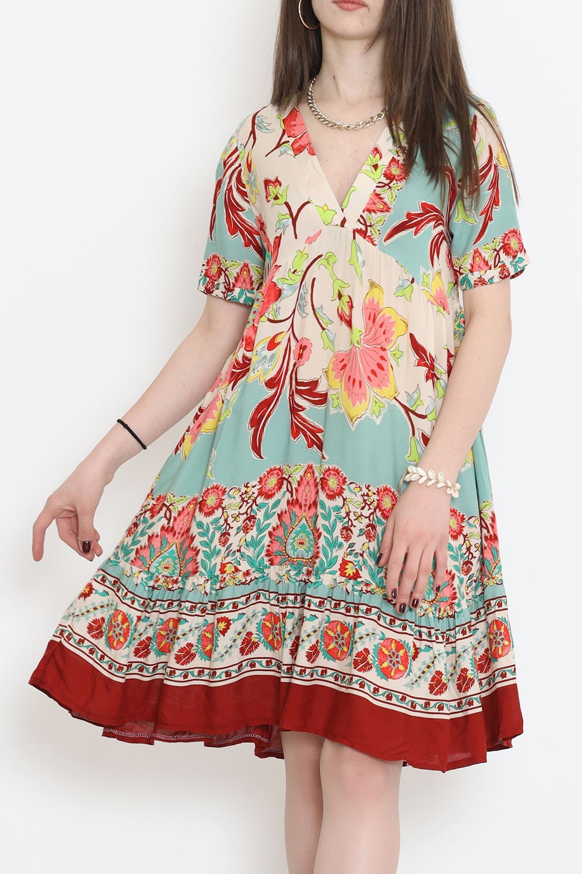 V Yaka Desenli Elbise Gül - 152340.701.