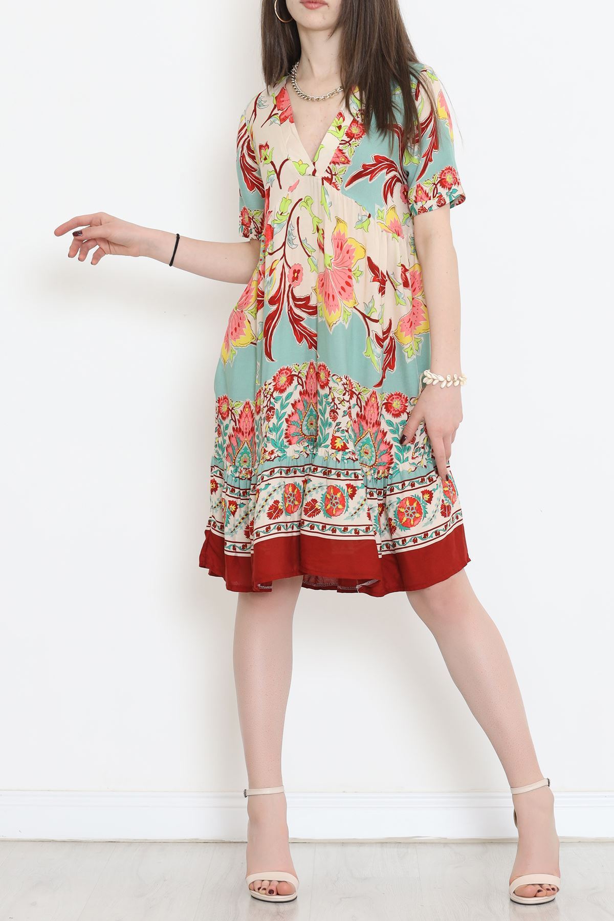 V Yaka Desenli Elbise Gül - 152340.701.