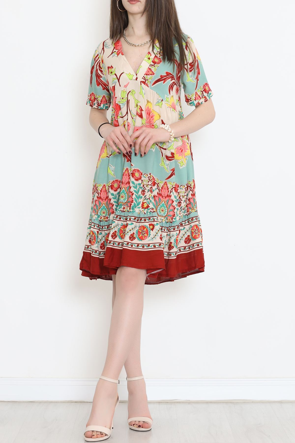 V Yaka Desenli Elbise Gül - 152340.701.