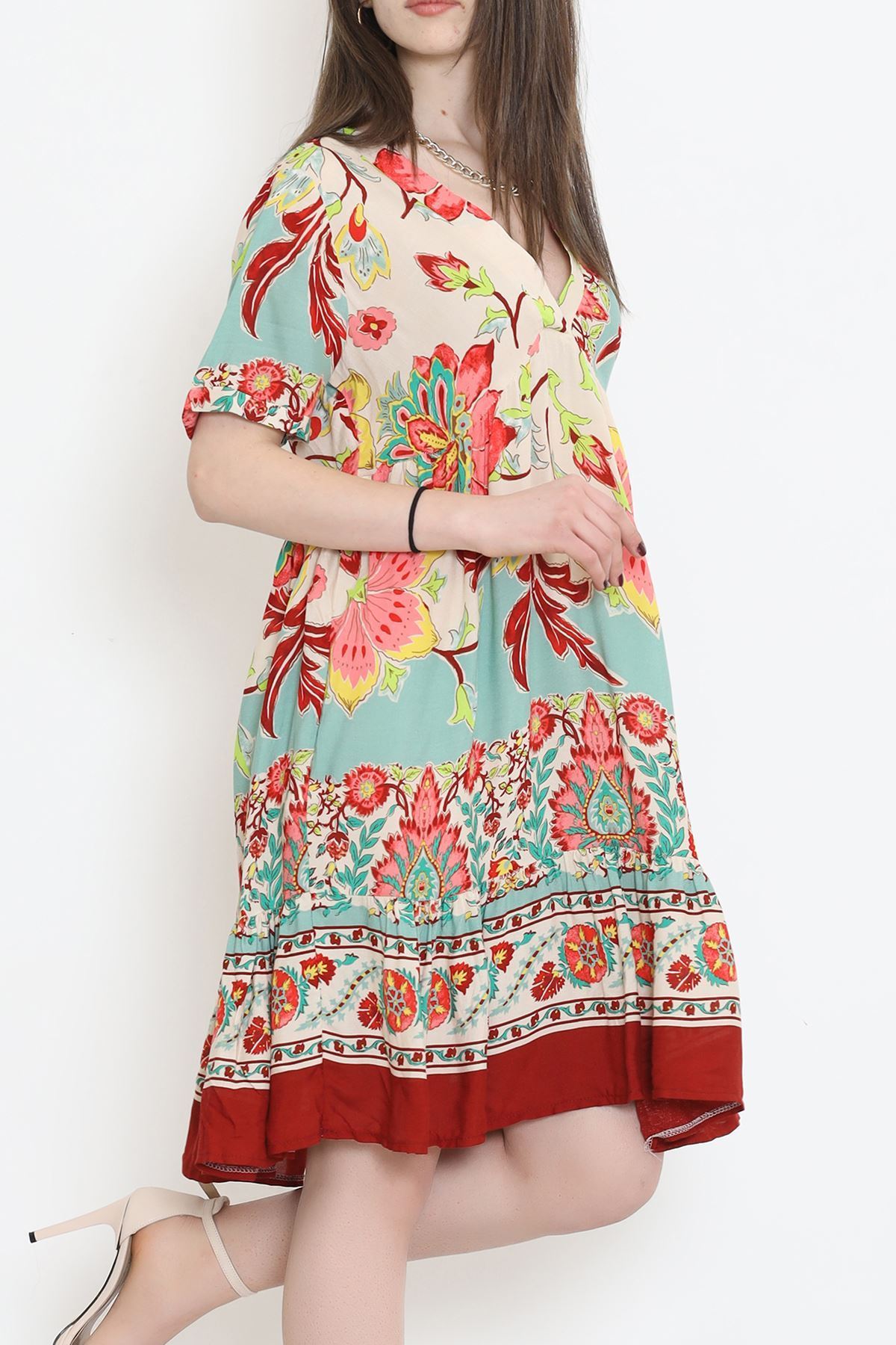 V Yaka Desenli Elbise Gül - 152340.701.