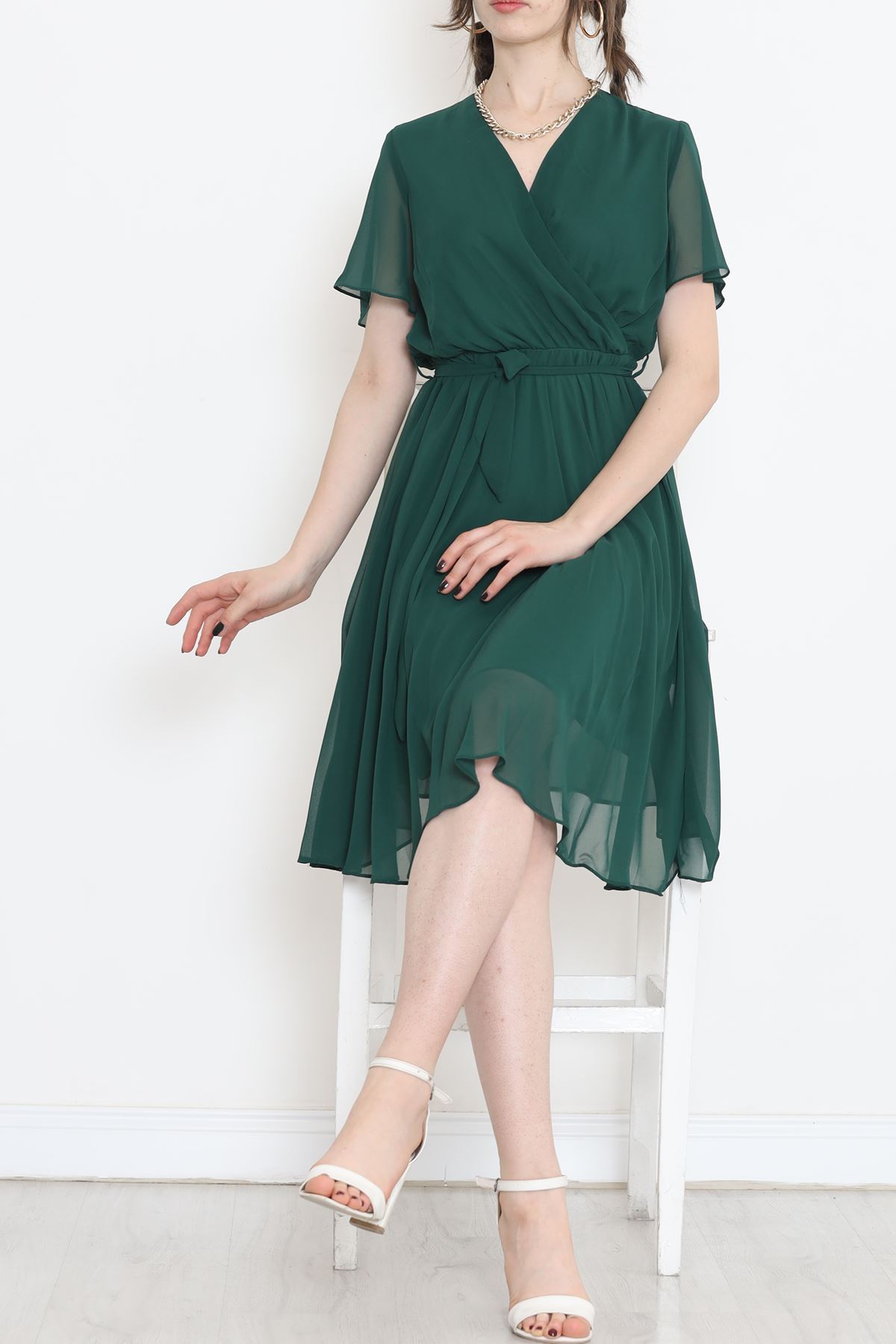 Kruvaze Yaka Şifon Elbise Zümrüt1 - 5050.1322.