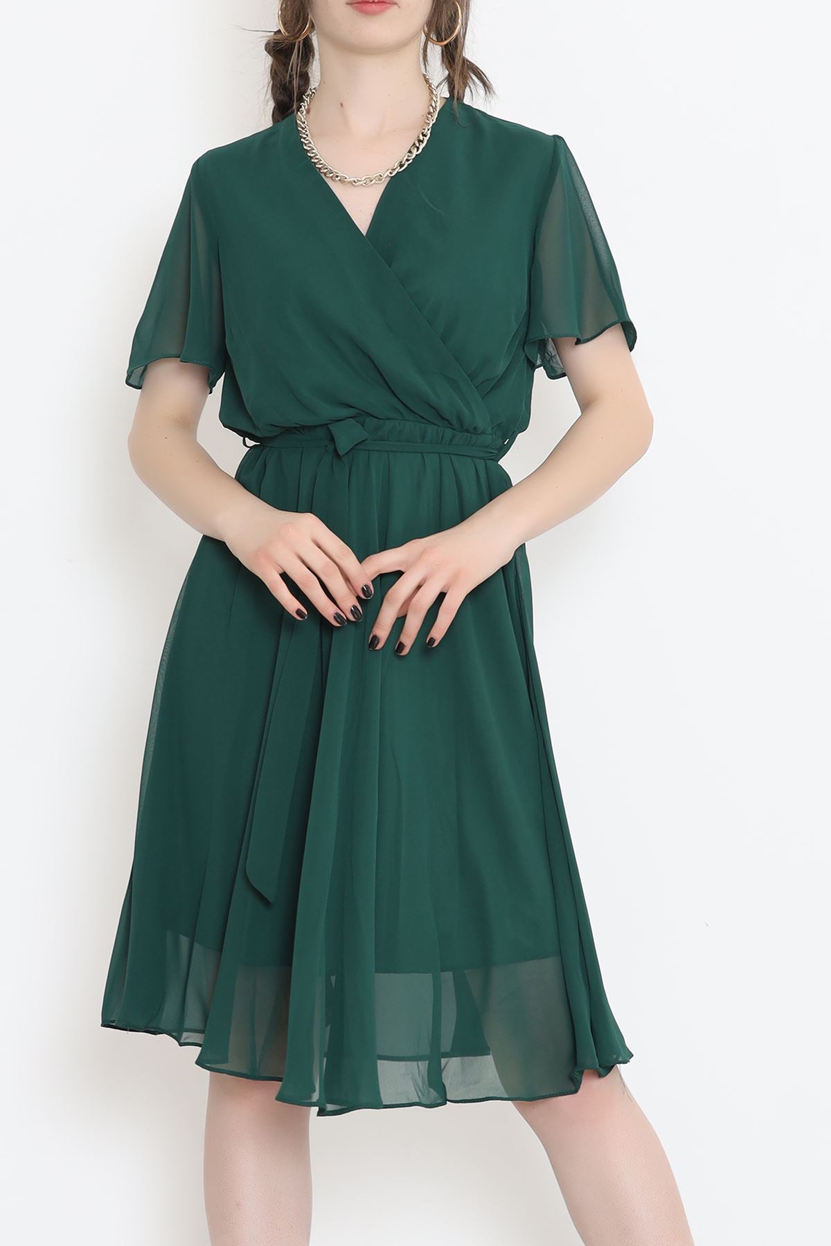 Kruvaze Yaka Şifon Elbise Zümrüt1 - 5050.1322.