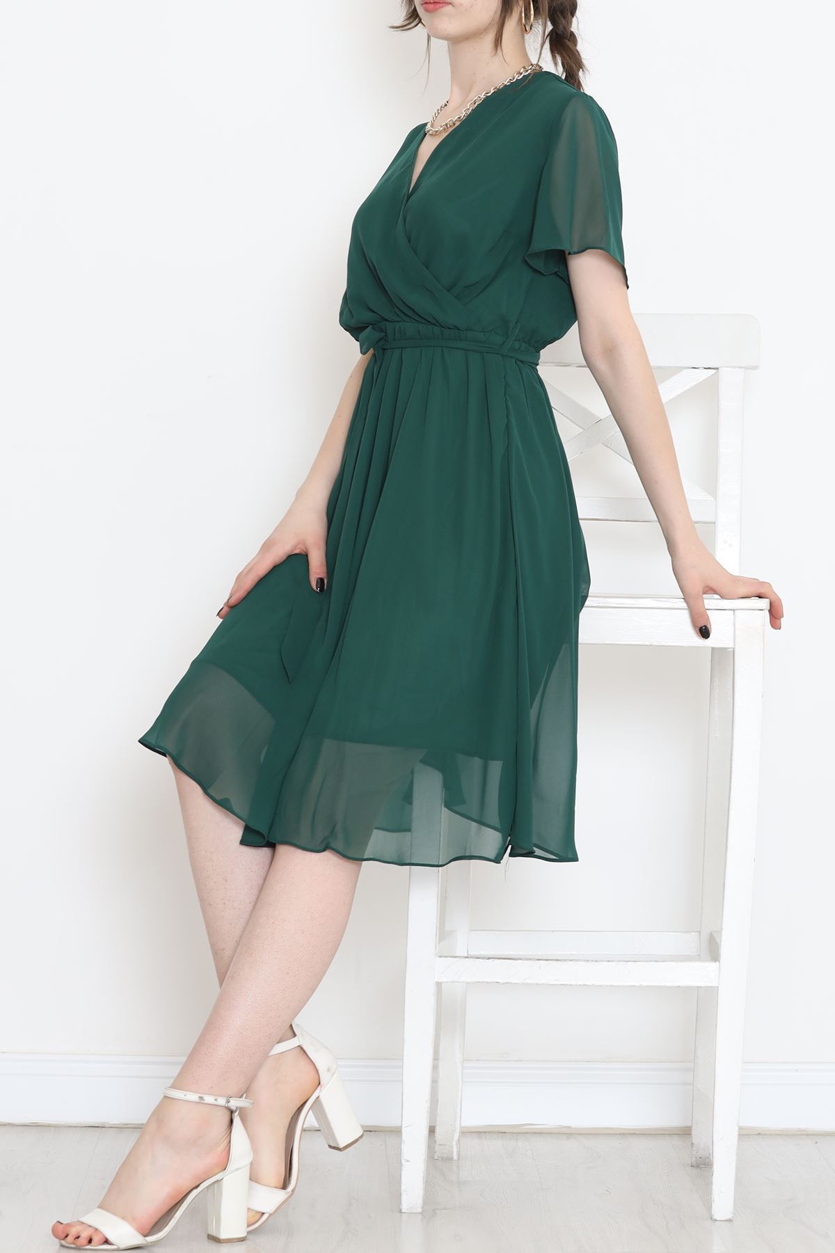 Kruvaze Yaka Şifon Elbise Zümrüt1 - 5050.1322.