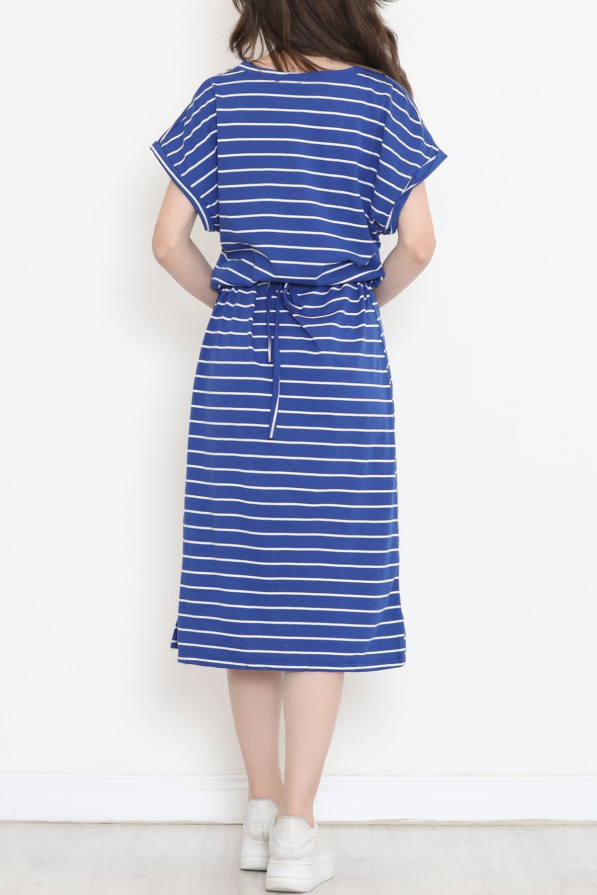 Süprem Çizgili V Yaka Elbise Saks - 15917.1567.