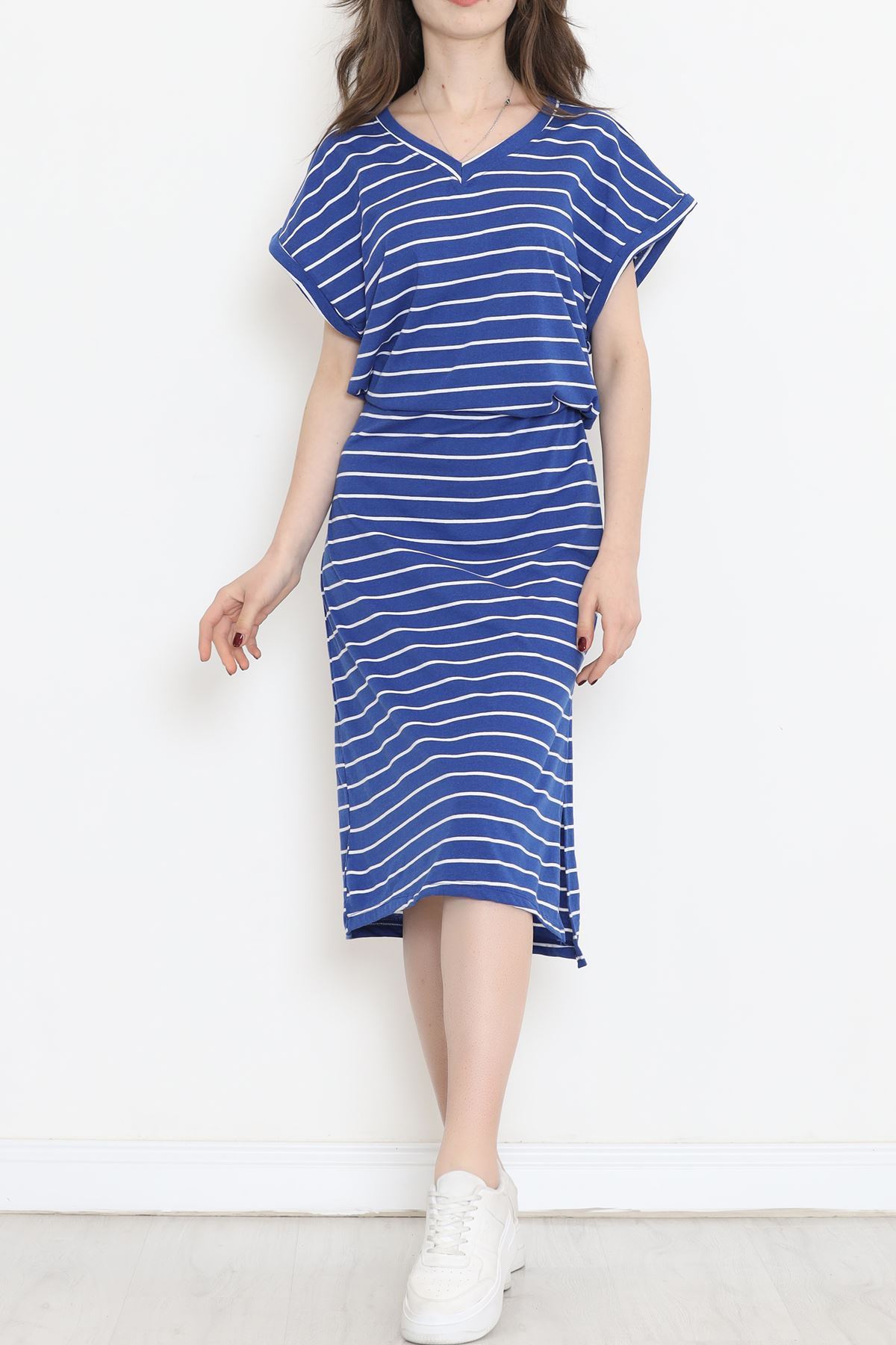 Süprem Çizgili V Yaka Elbise Saks - 15917.1567.