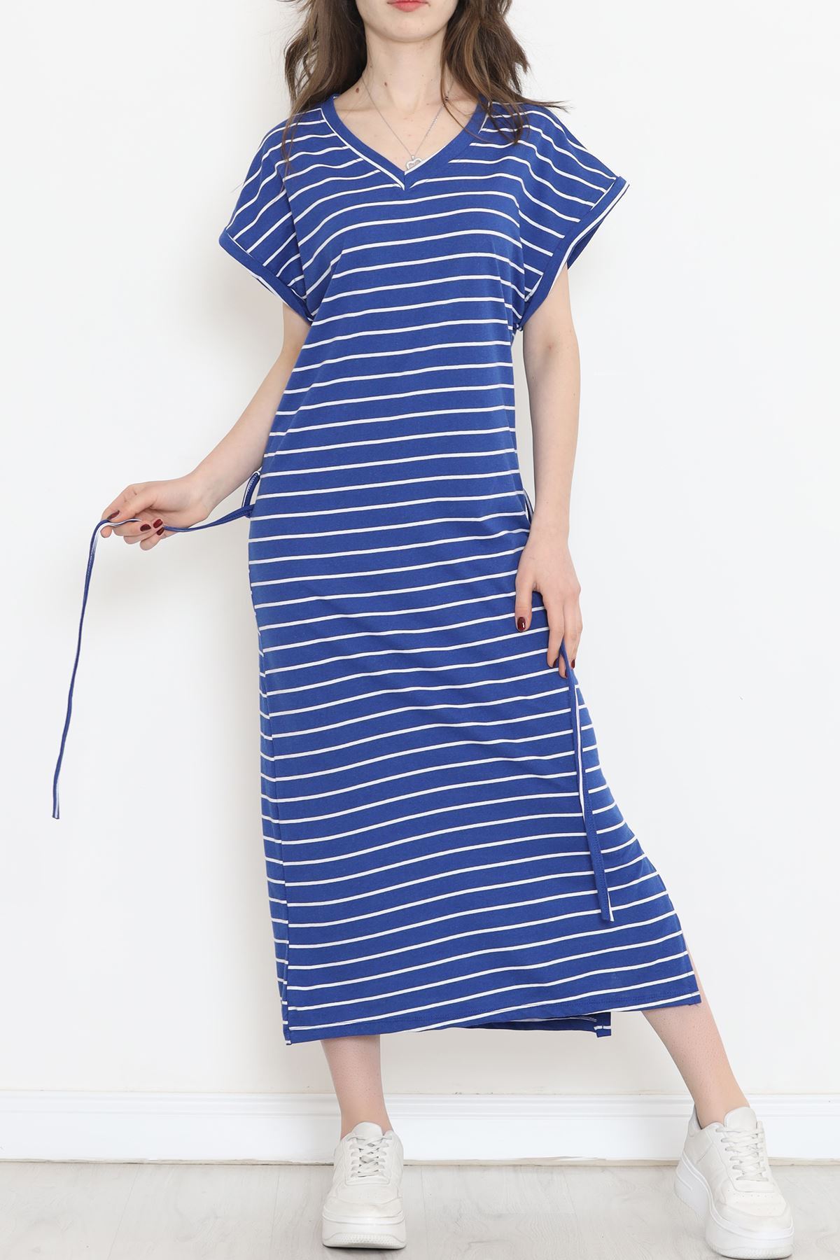Süprem Çizgili V Yaka Elbise Saks - 15917.1567.