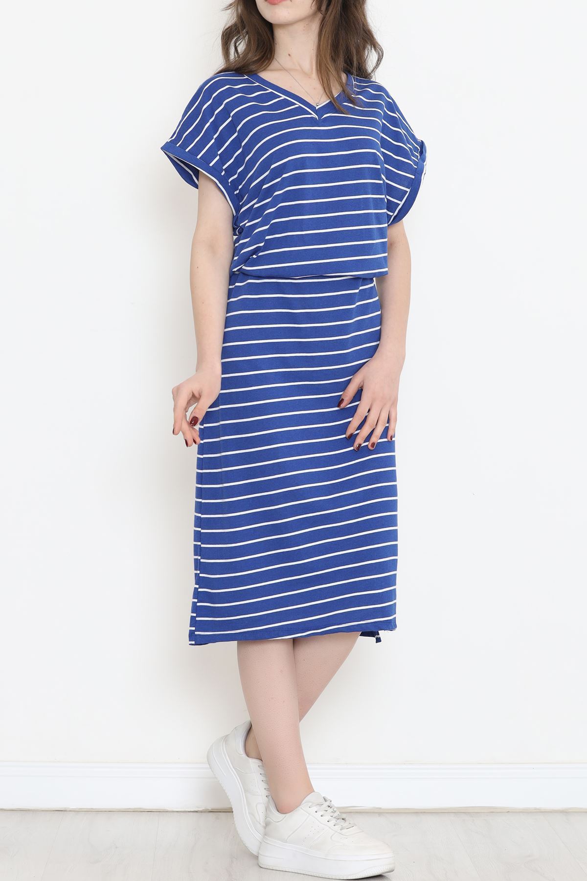 Süprem Çizgili V Yaka Elbise Saks - 15917.1567.