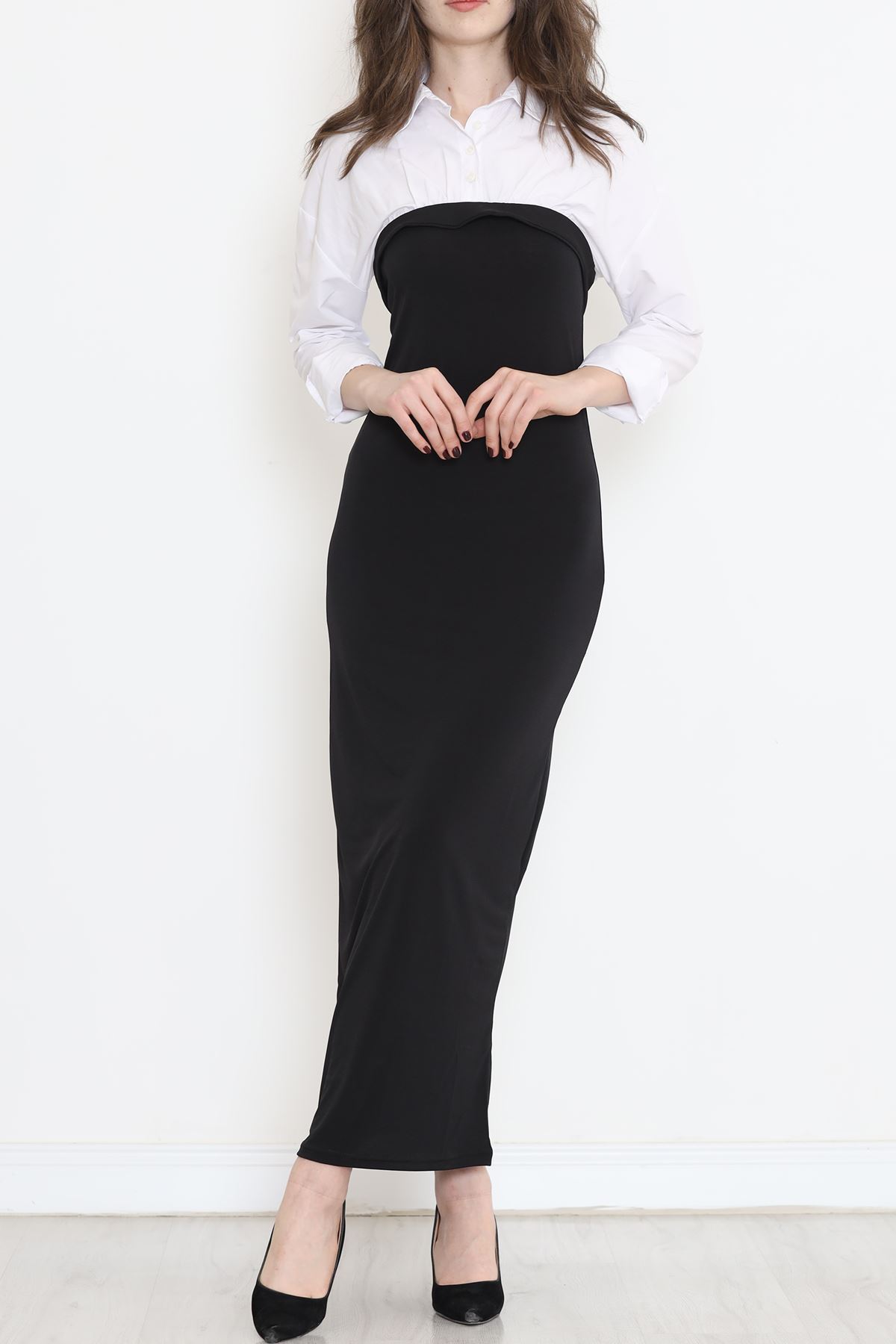 Gömlek Yaka Elbise Beyazsiyah - 16584.1794.