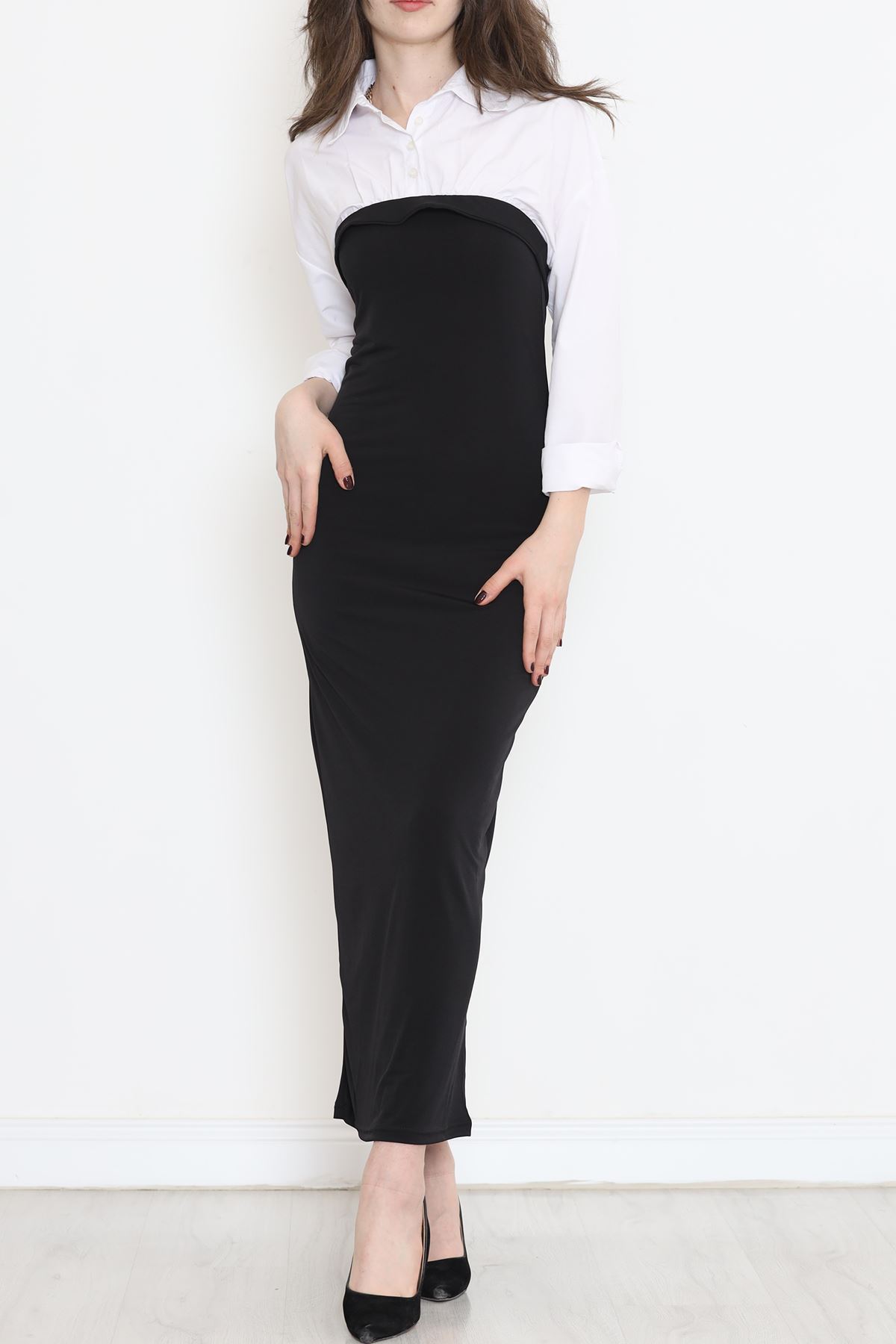 Gömlek Yaka Elbise Beyazsiyah - 16584.1794.