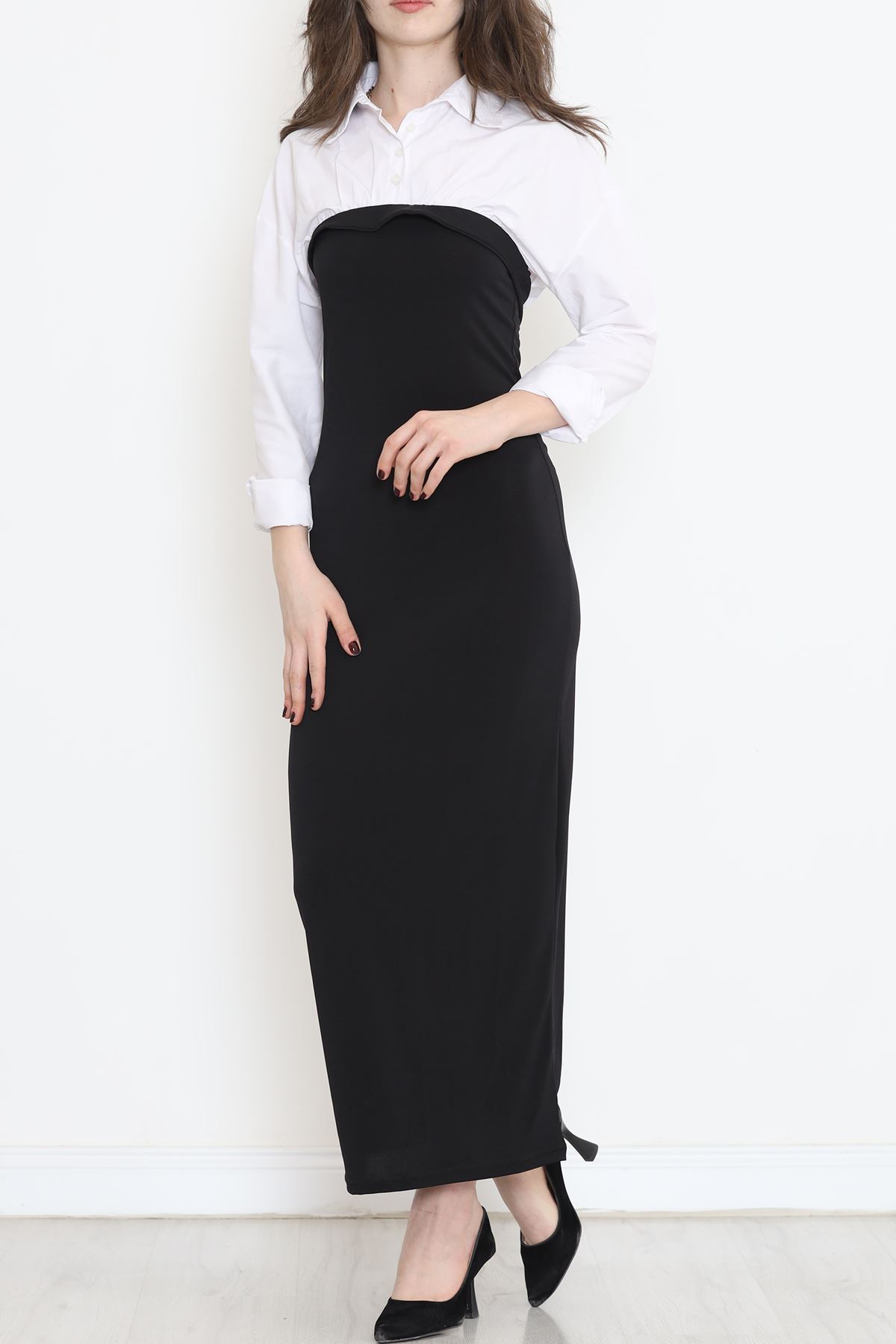 Gömlek Yaka Elbise Beyazsiyah - 16584.1794.