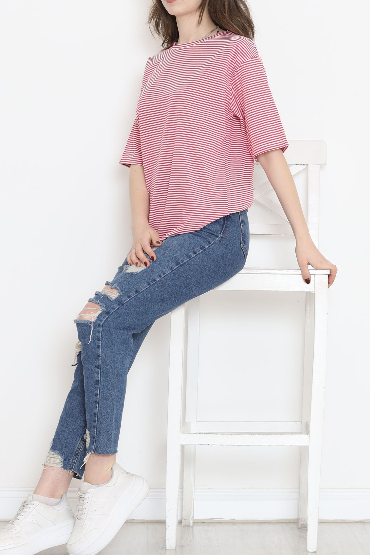 Çizgili Tişört Fuşyabeyaz - 18181.1792.