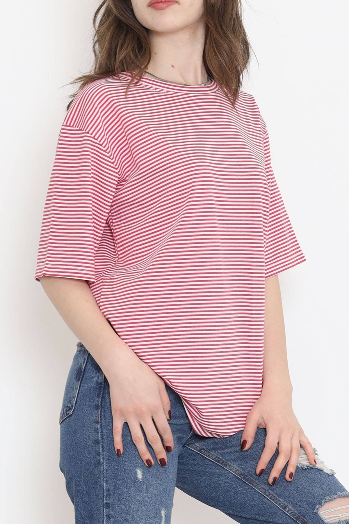 Çizgili Tişört Fuşyabeyaz - 18181.1792.