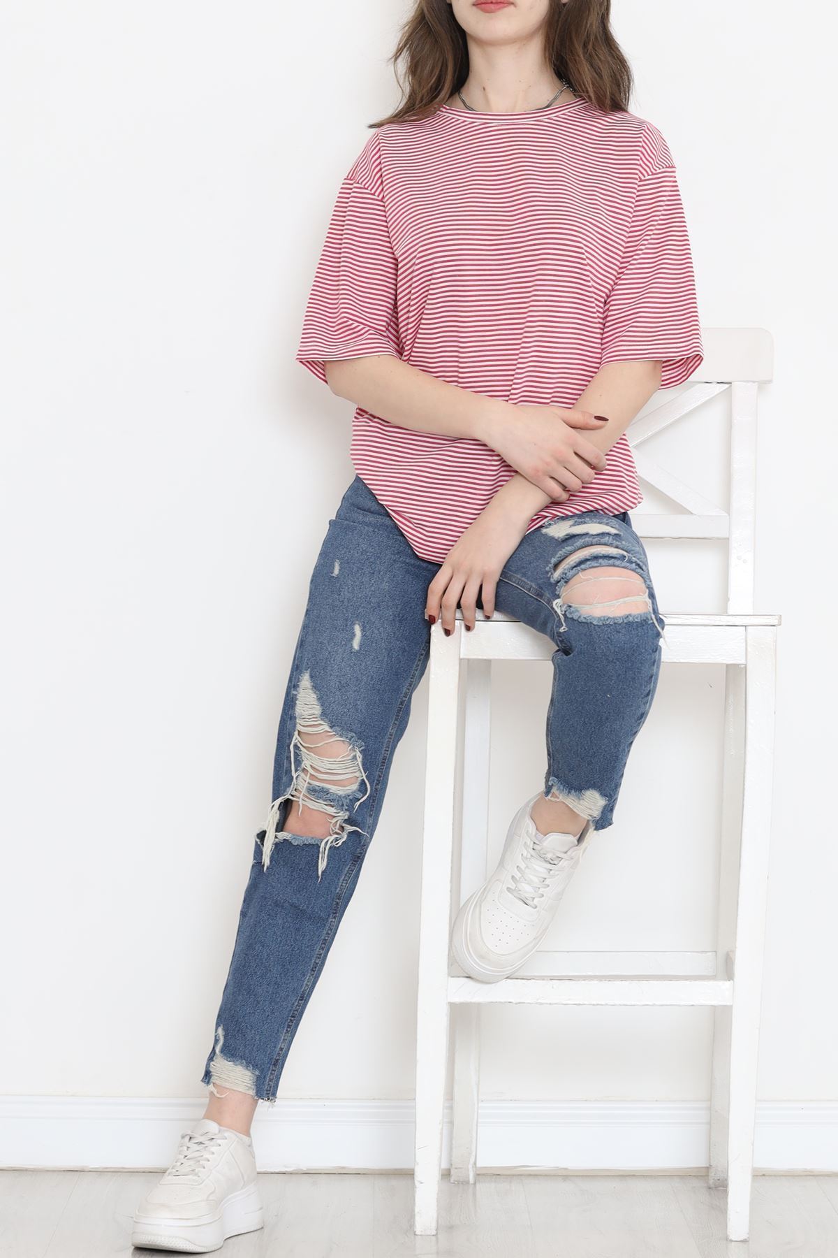 Çizgili Tişört Fuşyabeyaz - 18181.1792.