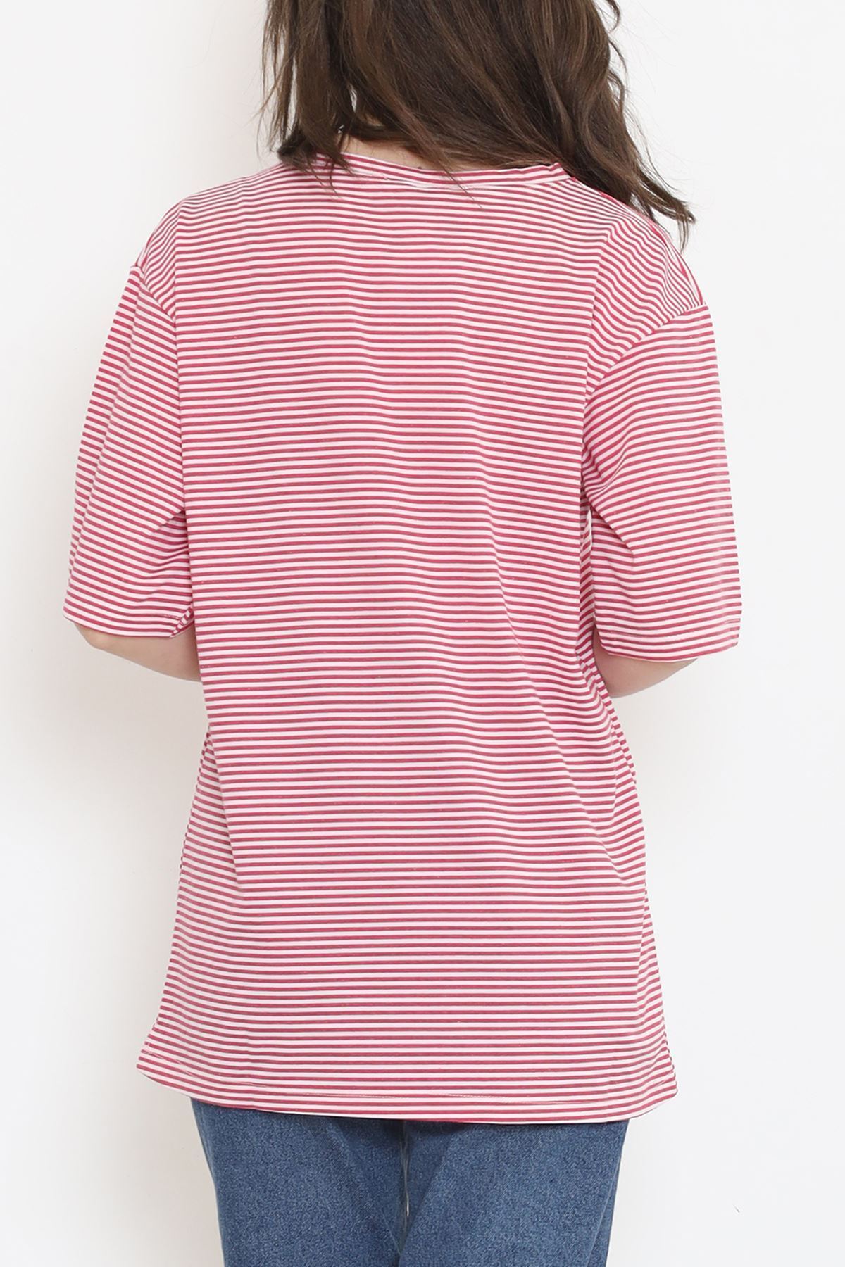 Çizgili Tişört Fuşyabeyaz - 18181.1792.