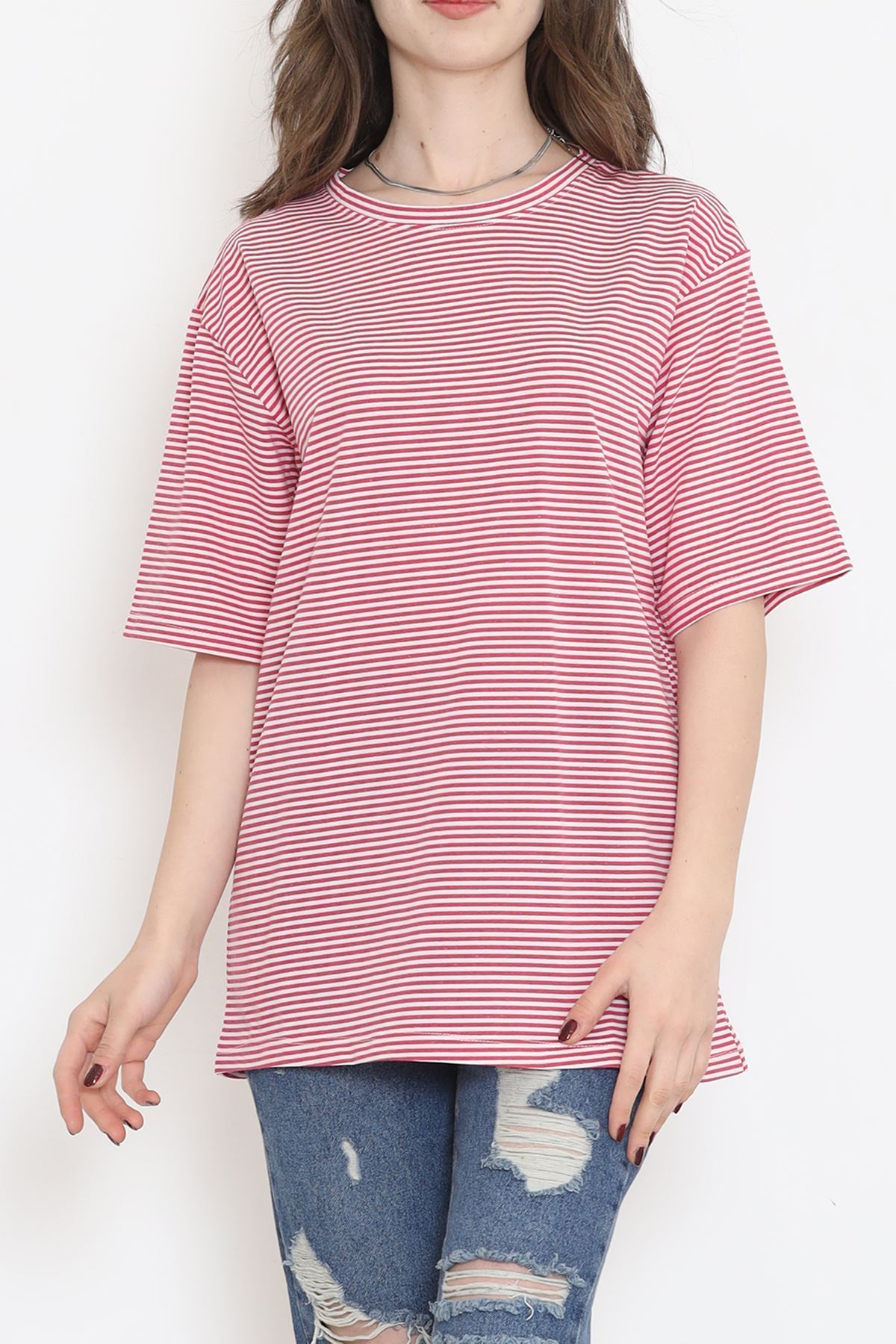 Çizgili Tişört Fuşyabeyaz - 18181.1792.