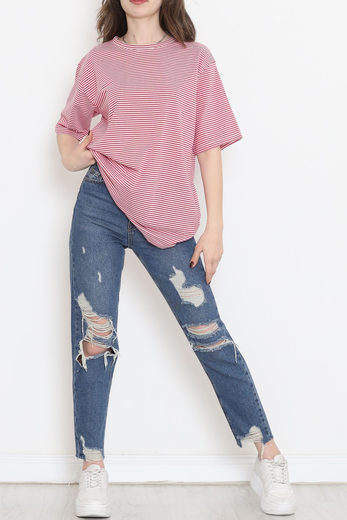 Çizgili Tişört Fuşyabeyaz - 18181.1792.