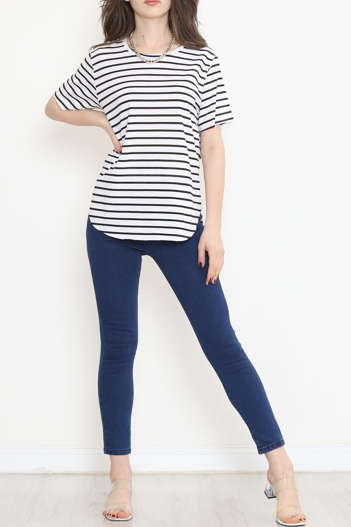 Çizgili Oval Kesim Tişört Siyahbeyaz - 1233.275.