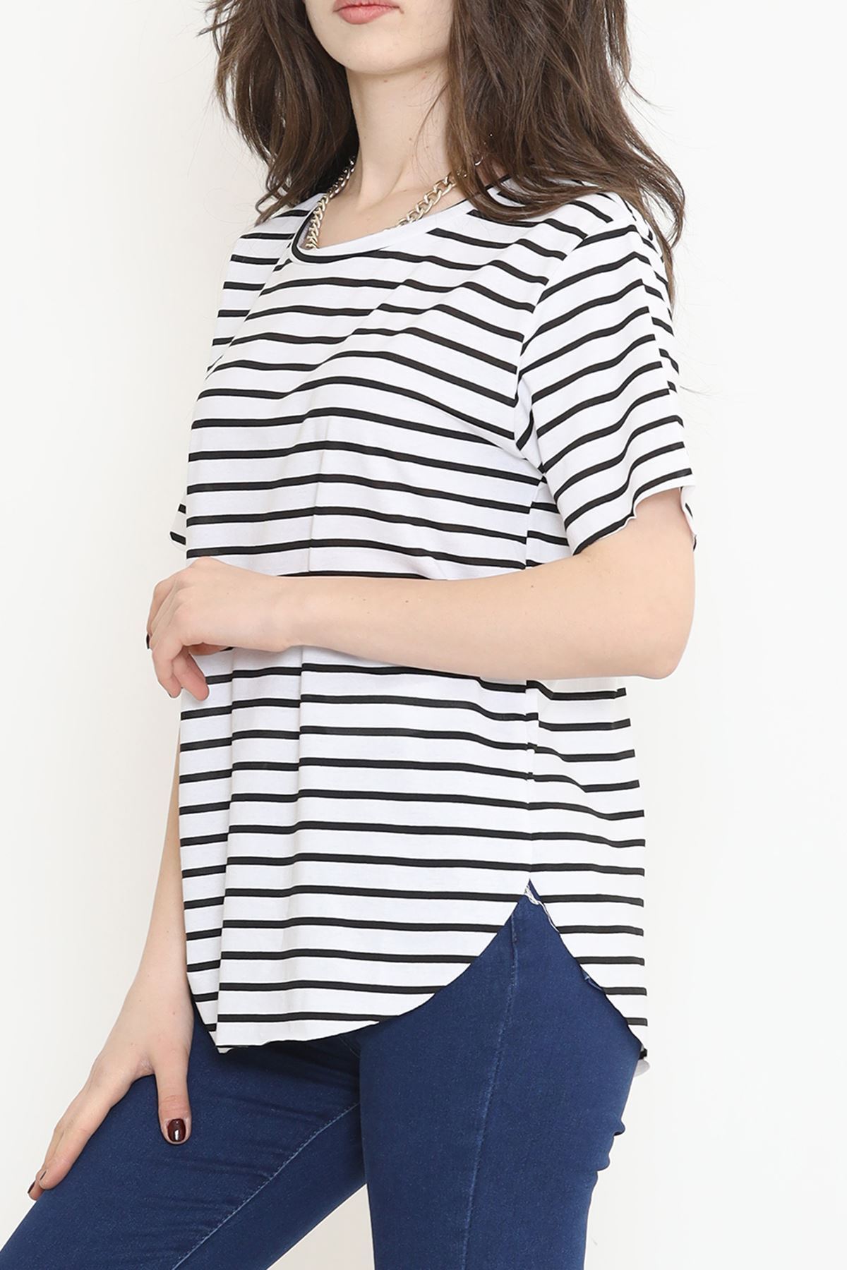 Çizgili Oval Kesim Tişört Siyahbeyaz - 1233.275.