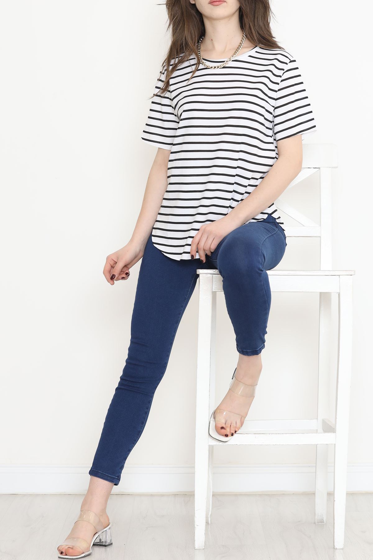 Çizgili Oval Kesim Tişört Siyahbeyaz - 1233.275.