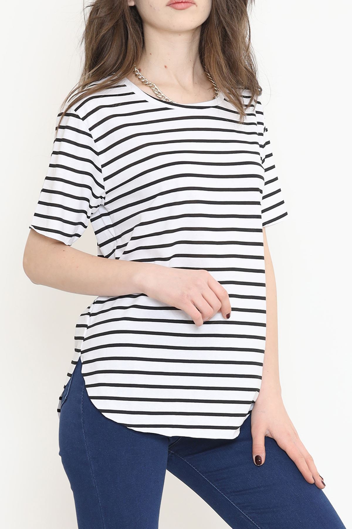 Çizgili Oval Kesim Tişört Siyahbeyaz - 1233.275.