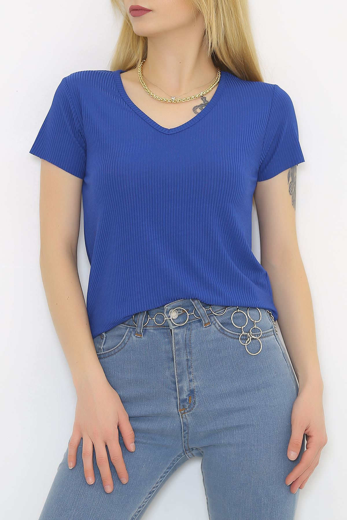 V Yaka Kaşkorse Tişört Saks - 1988.555.