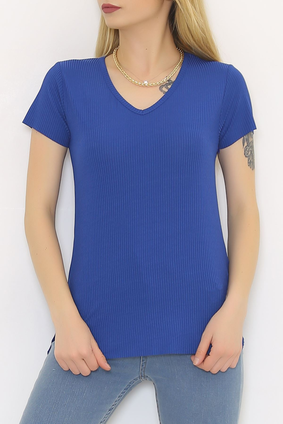 V Yaka Kaşkorse Tişört Saks - 1988.555.