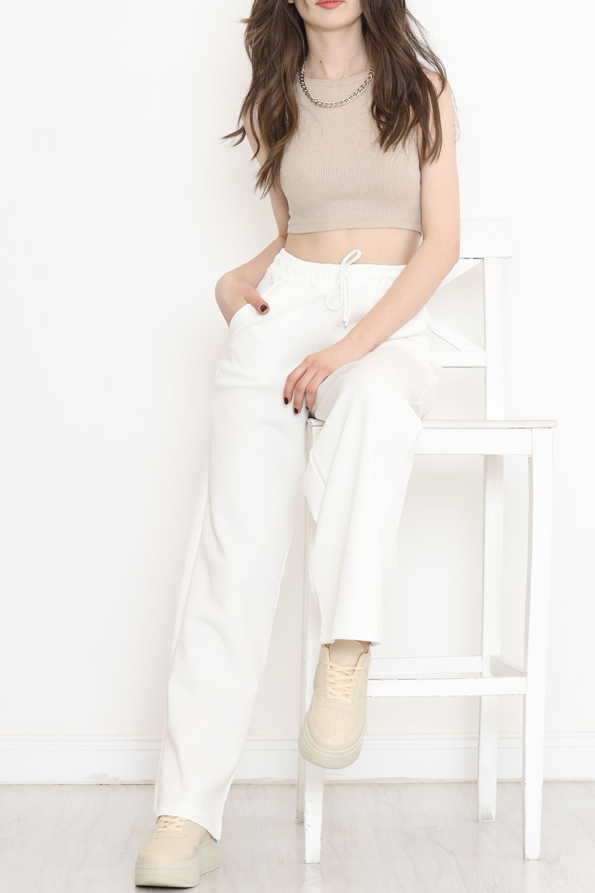 Şardonsuz Palazzo Eşofman Altı Beyaz - 17158.1247.