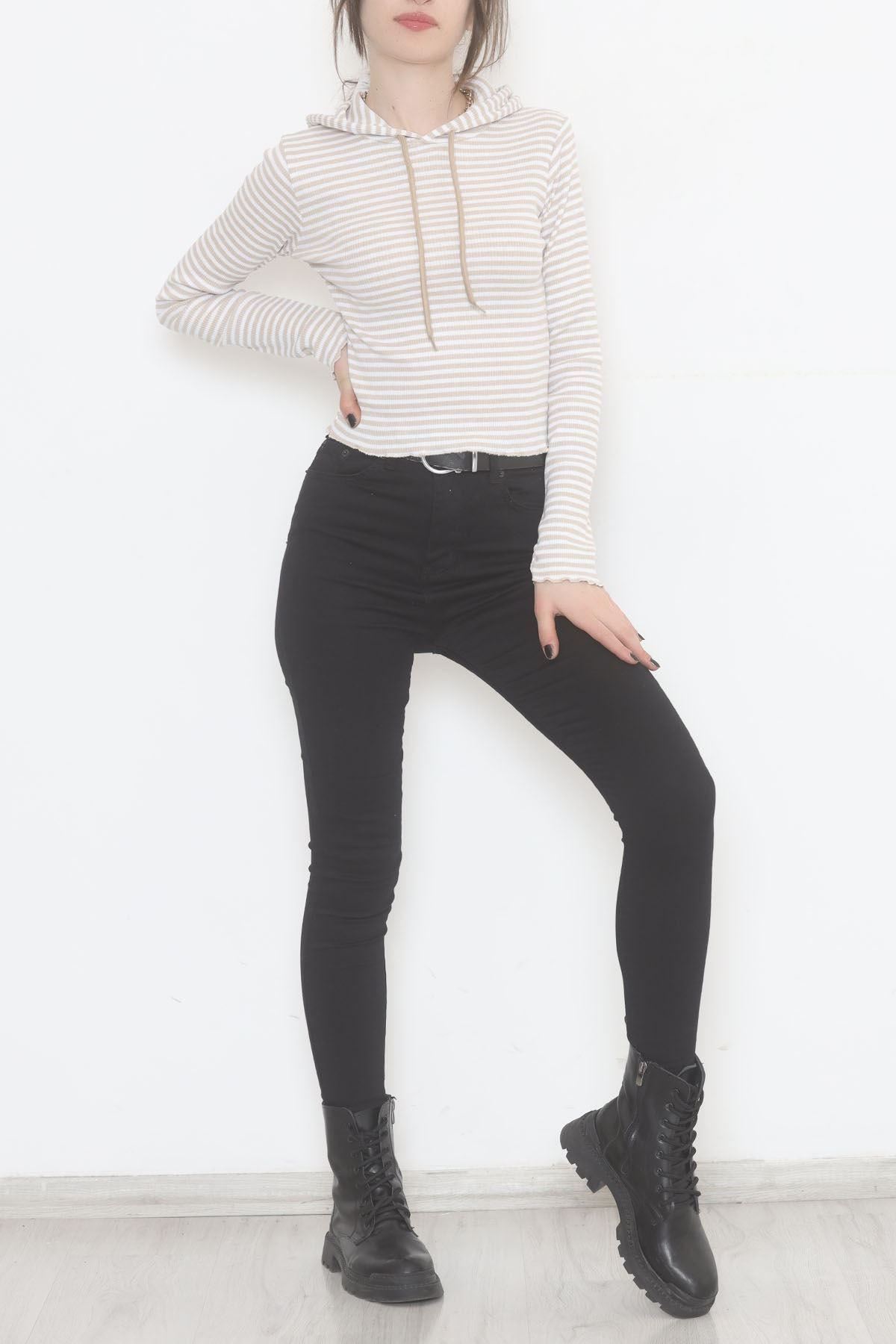 Kapşonlu Çizgili Bluz Vizon - 471987.1567.