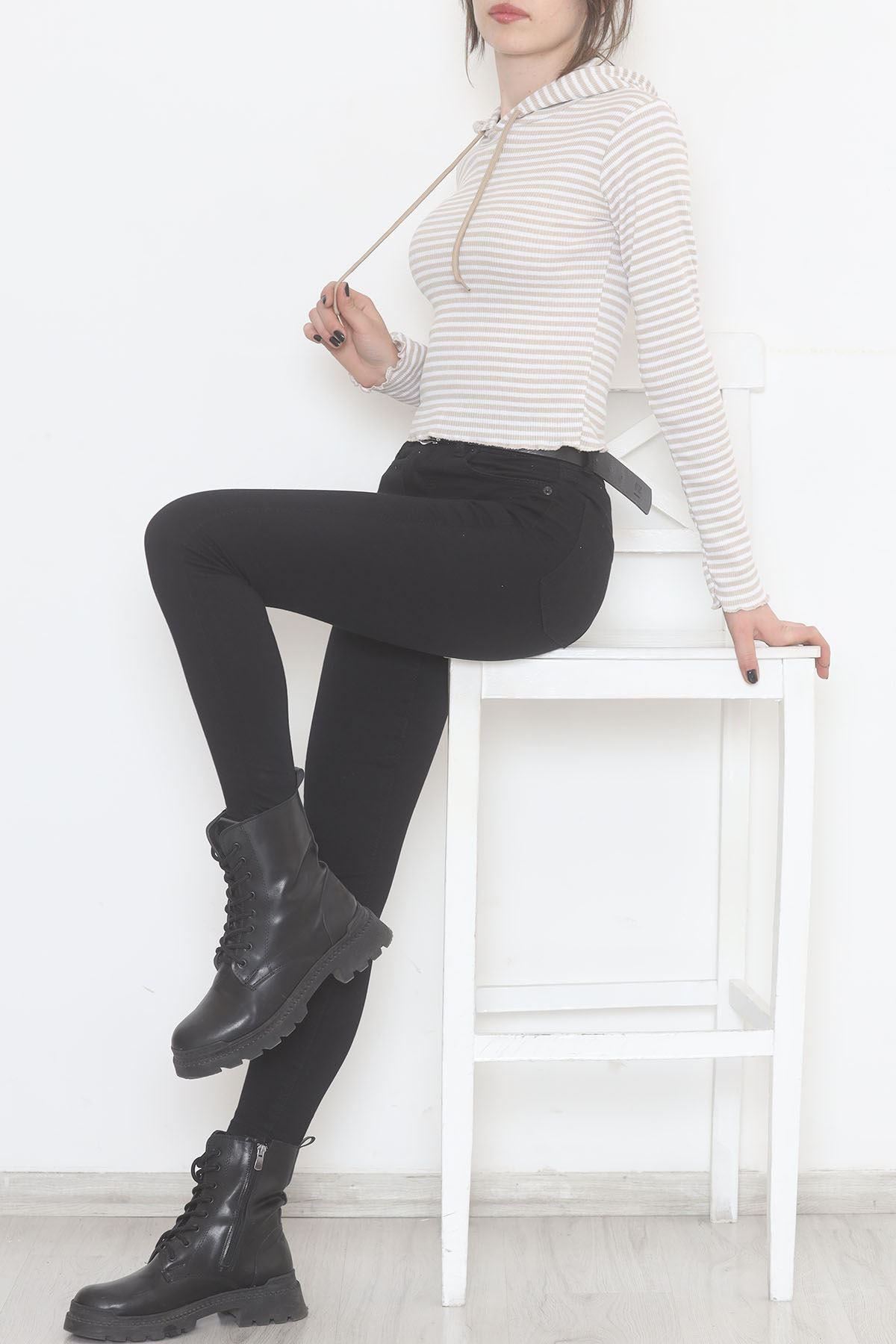 Kapşonlu Çizgili Bluz Vizon - 471987.1567.