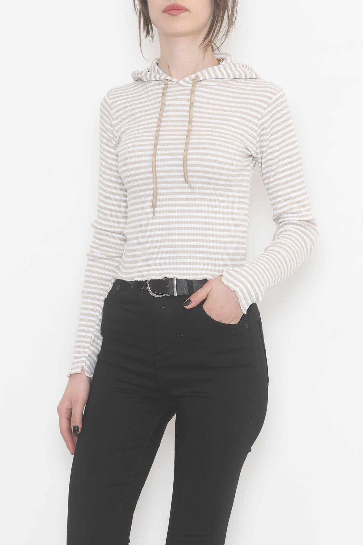 Kapşonlu Çizgili Bluz Vizon - 471987.1567.