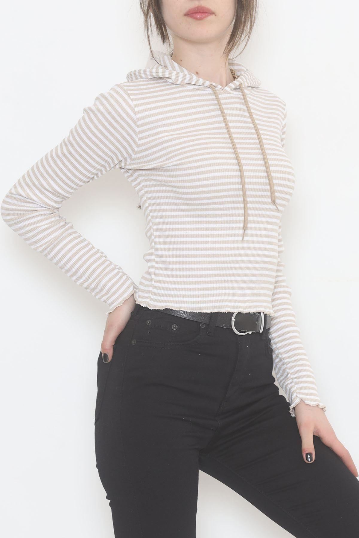 Kapşonlu Çizgili Bluz Vizon - 471987.1567.