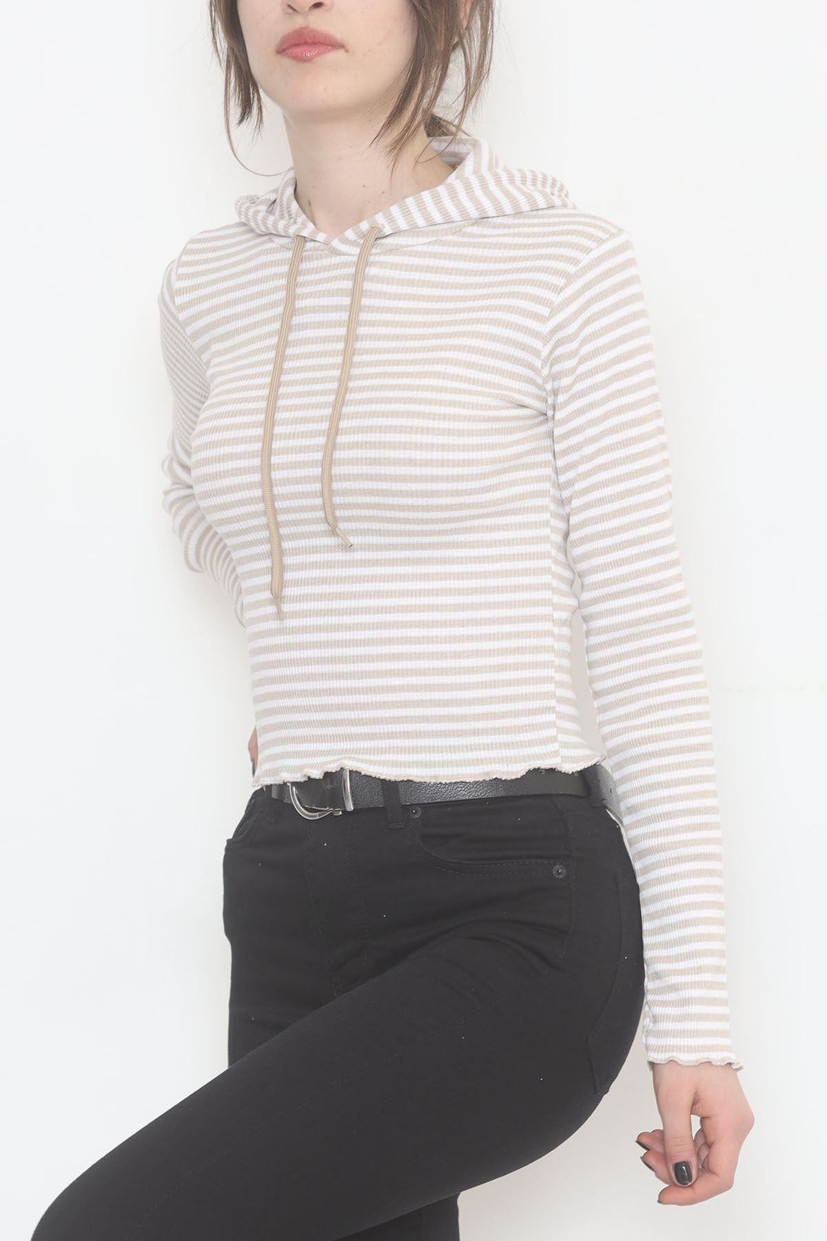 Kapşonlu Çizgili Bluz Vizon - 471987.1567.