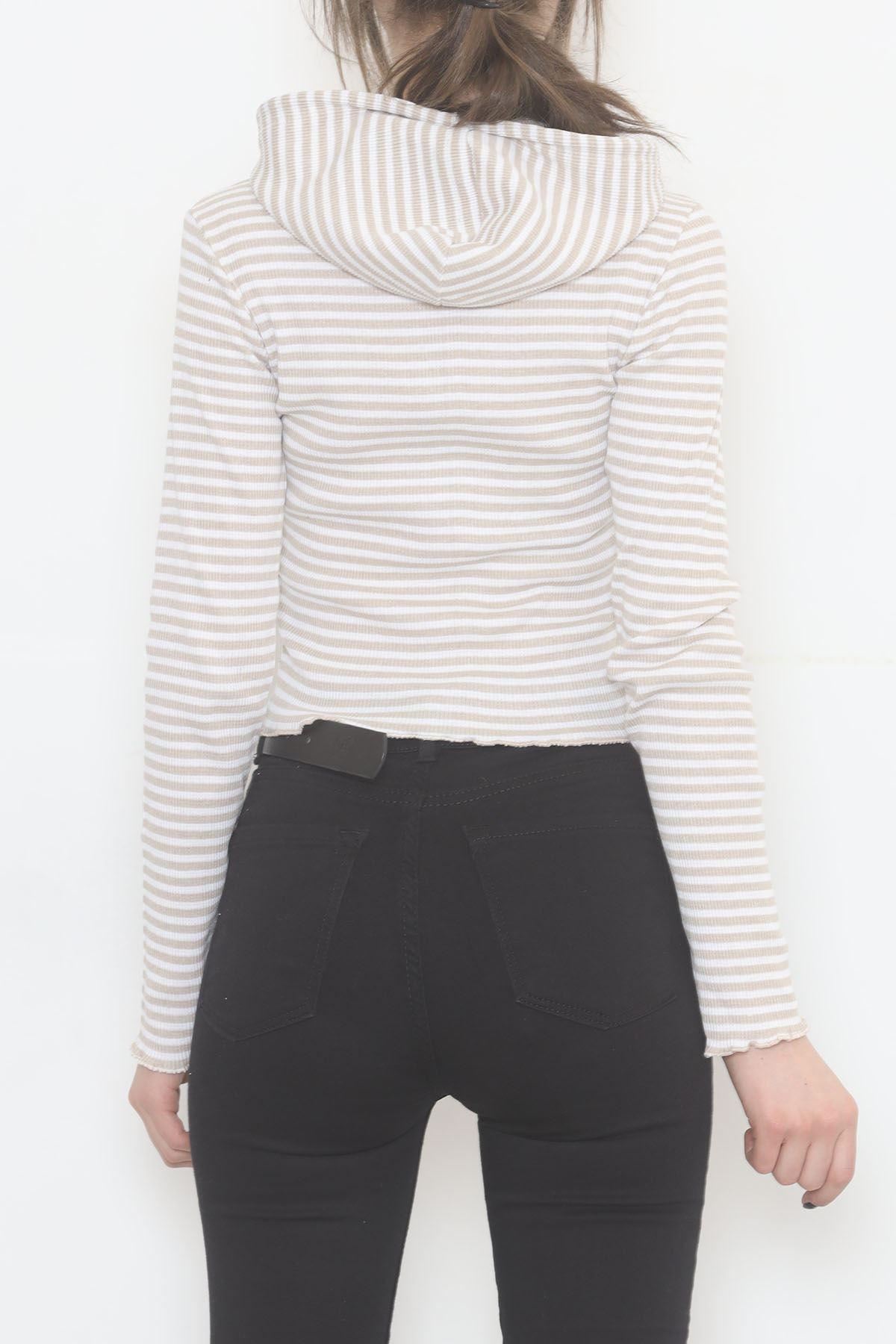 Kapşonlu Çizgili Bluz Vizon - 471987.1567.