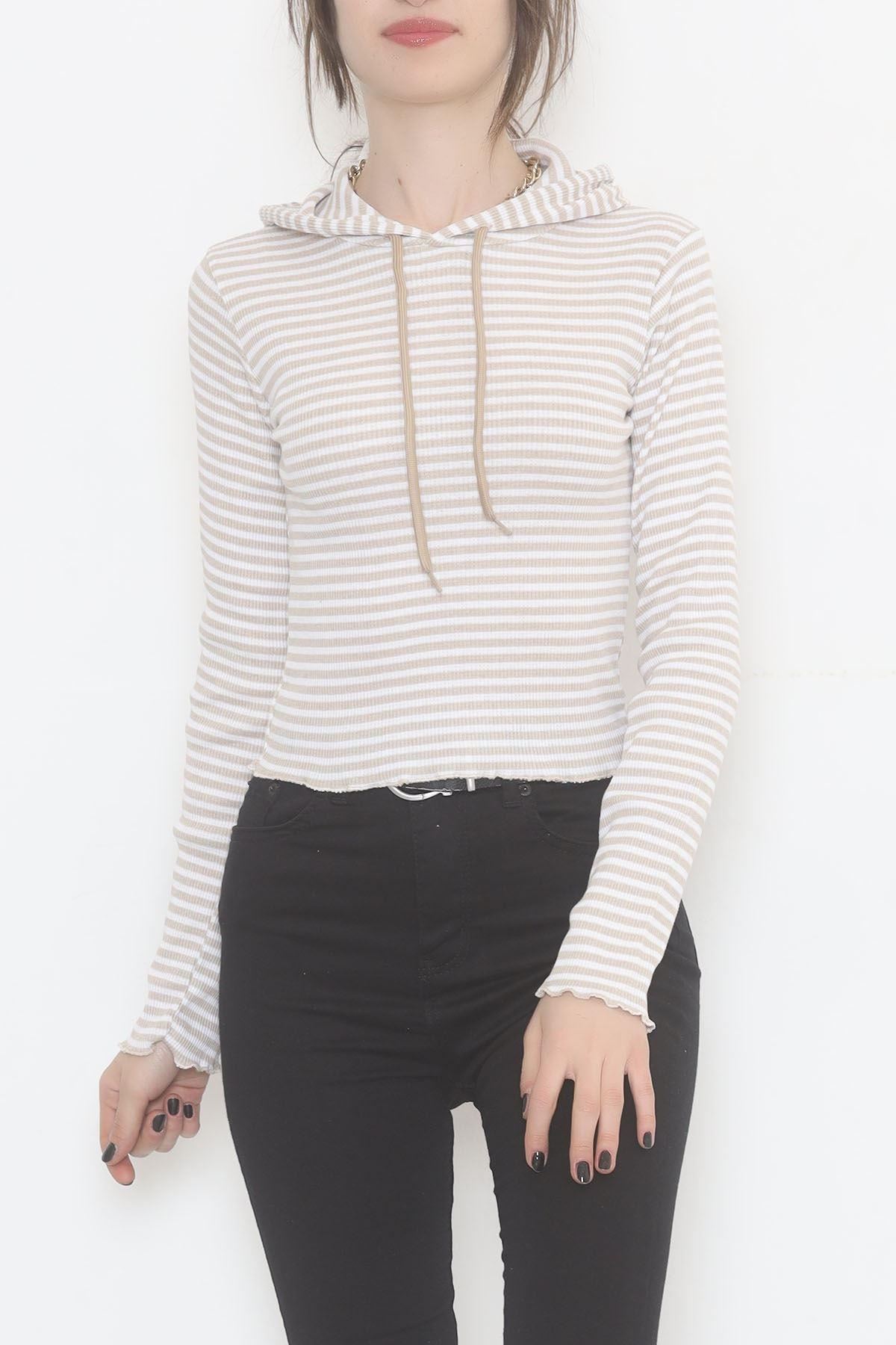 Kapşonlu Çizgili Bluz Vizon - 471987.1567.