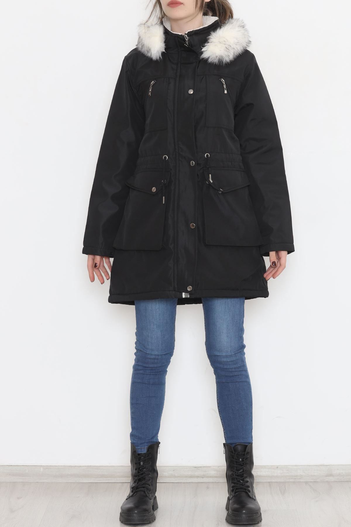 İçi Kürklü Kapşonlu Kaban Siyah - 8123.1316.