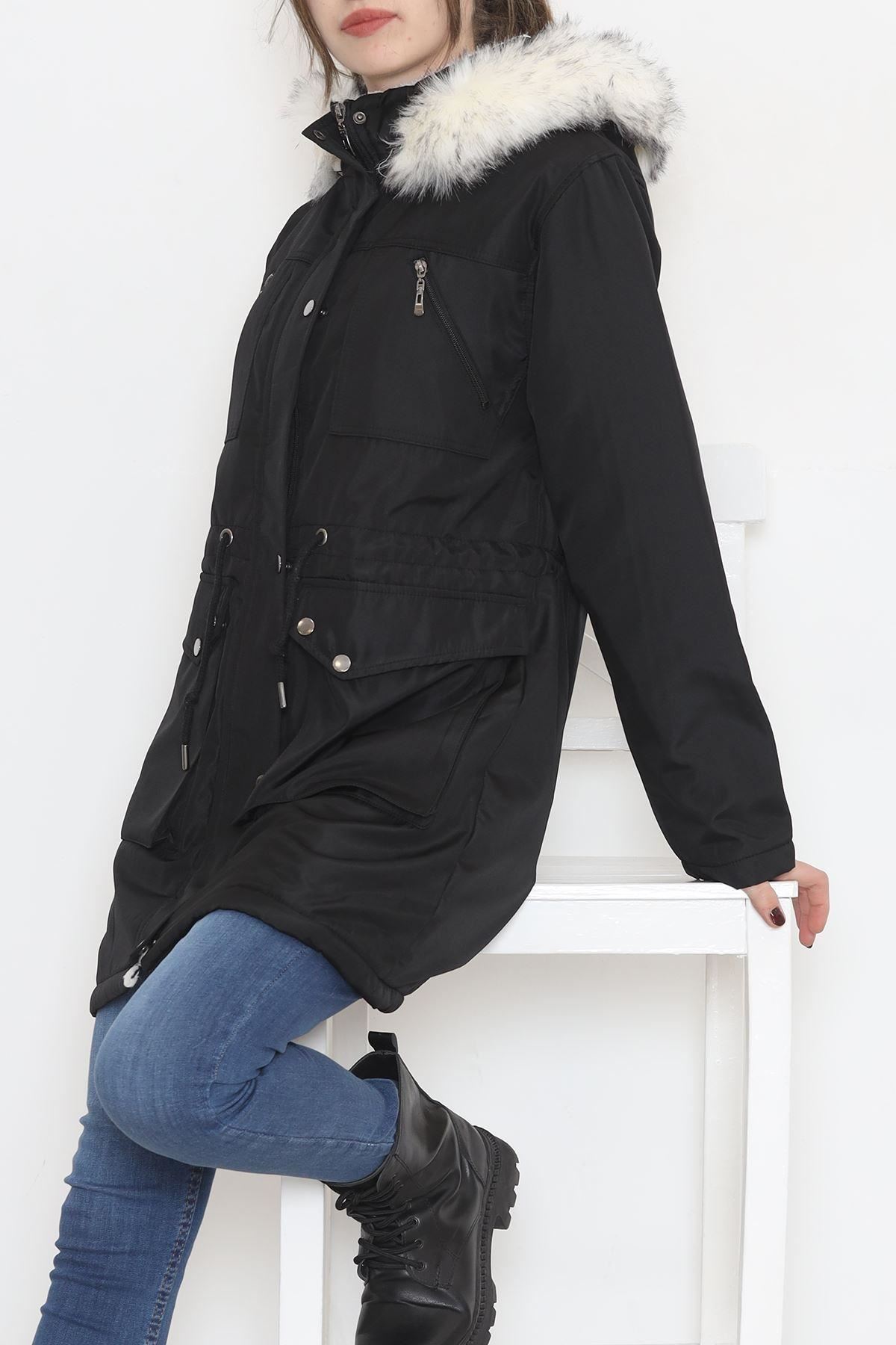 İçi Kürklü Kapşonlu Kaban Siyah - 8123.1316.