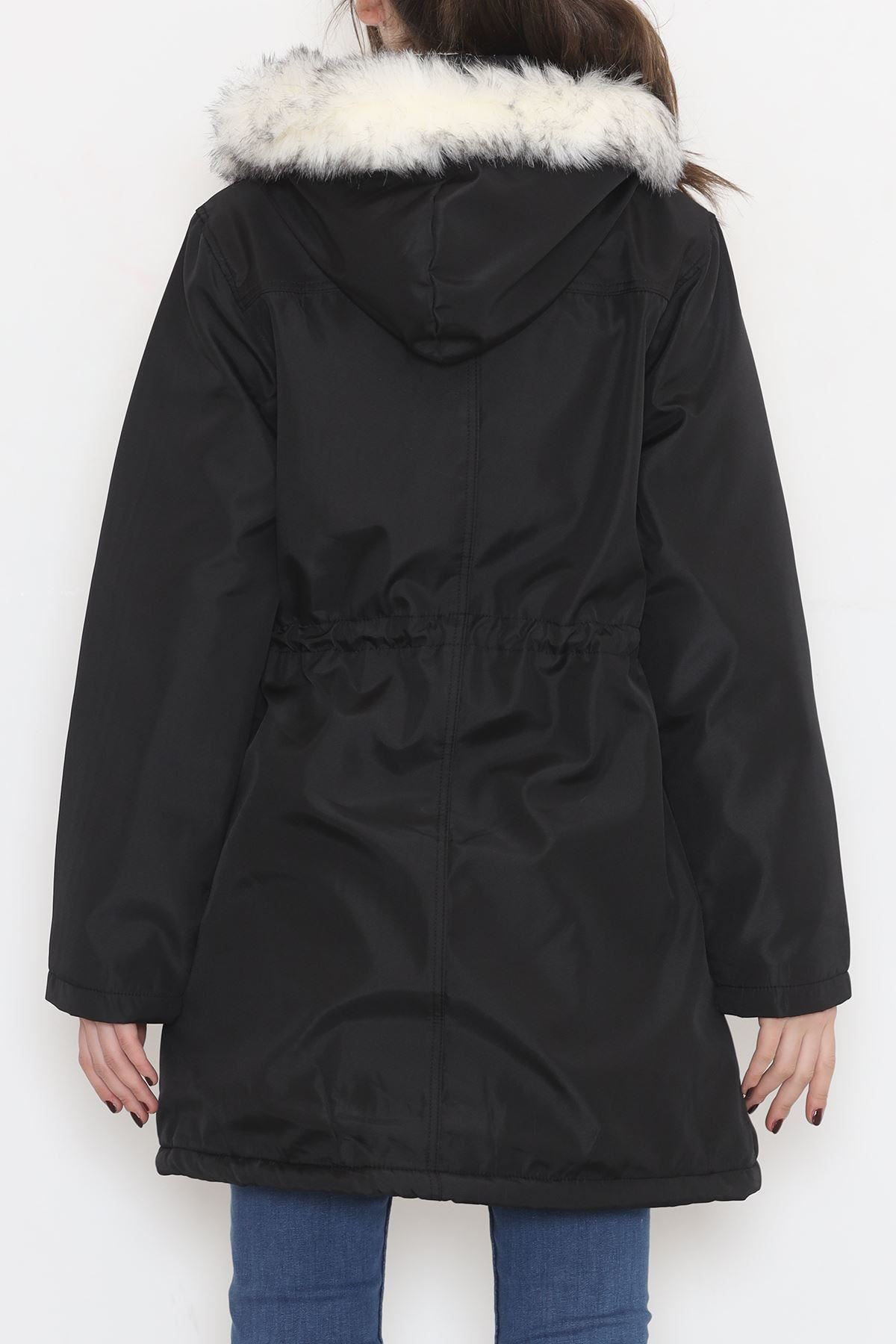 İçi Kürklü Kapşonlu Kaban Siyah - 8123.1316.