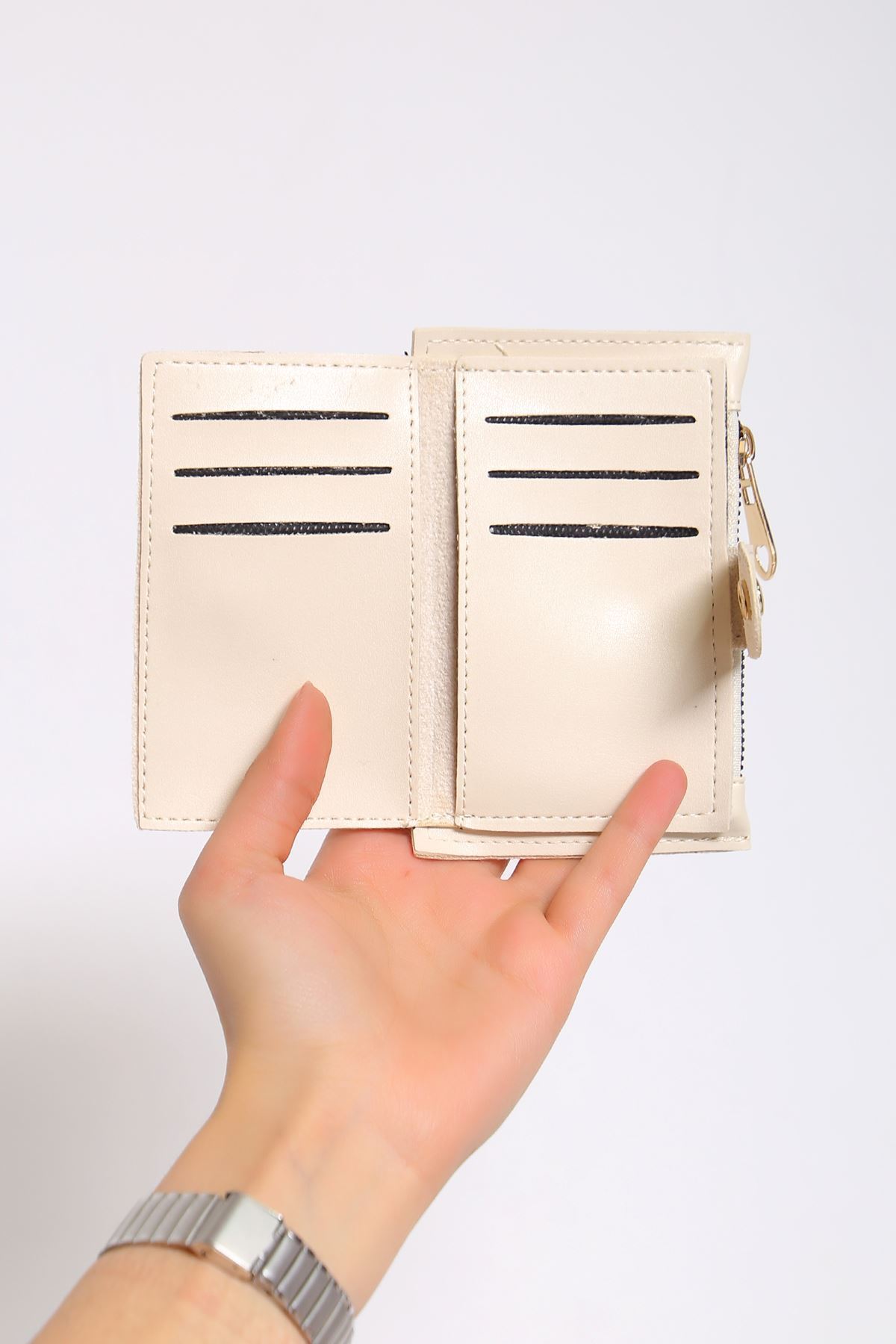 Çıtçıtlı Deri Cüzdan Krem - 15804.915.