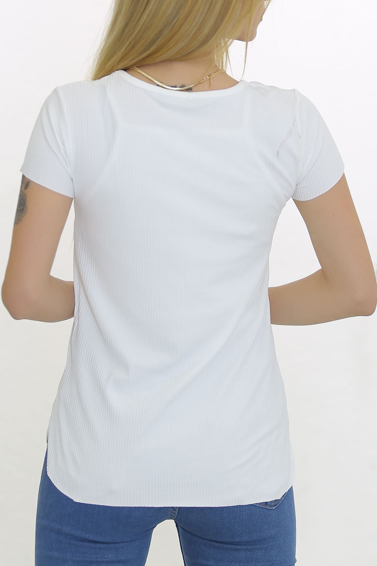 V Yaka Kaşkorse Tişört Beyaz - 1988.555.