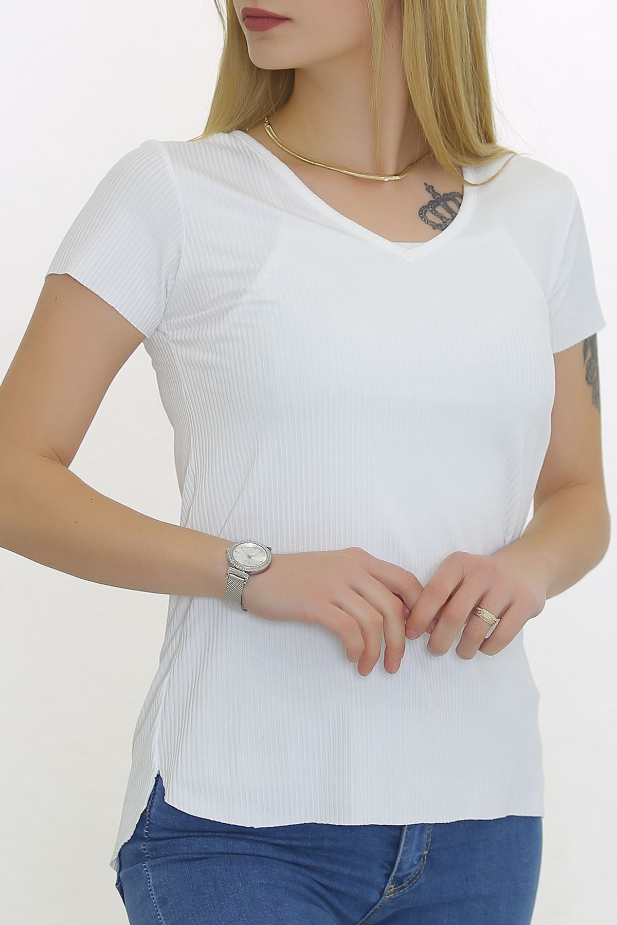 V Yaka Kaşkorse Tişört Beyaz - 1988.555.