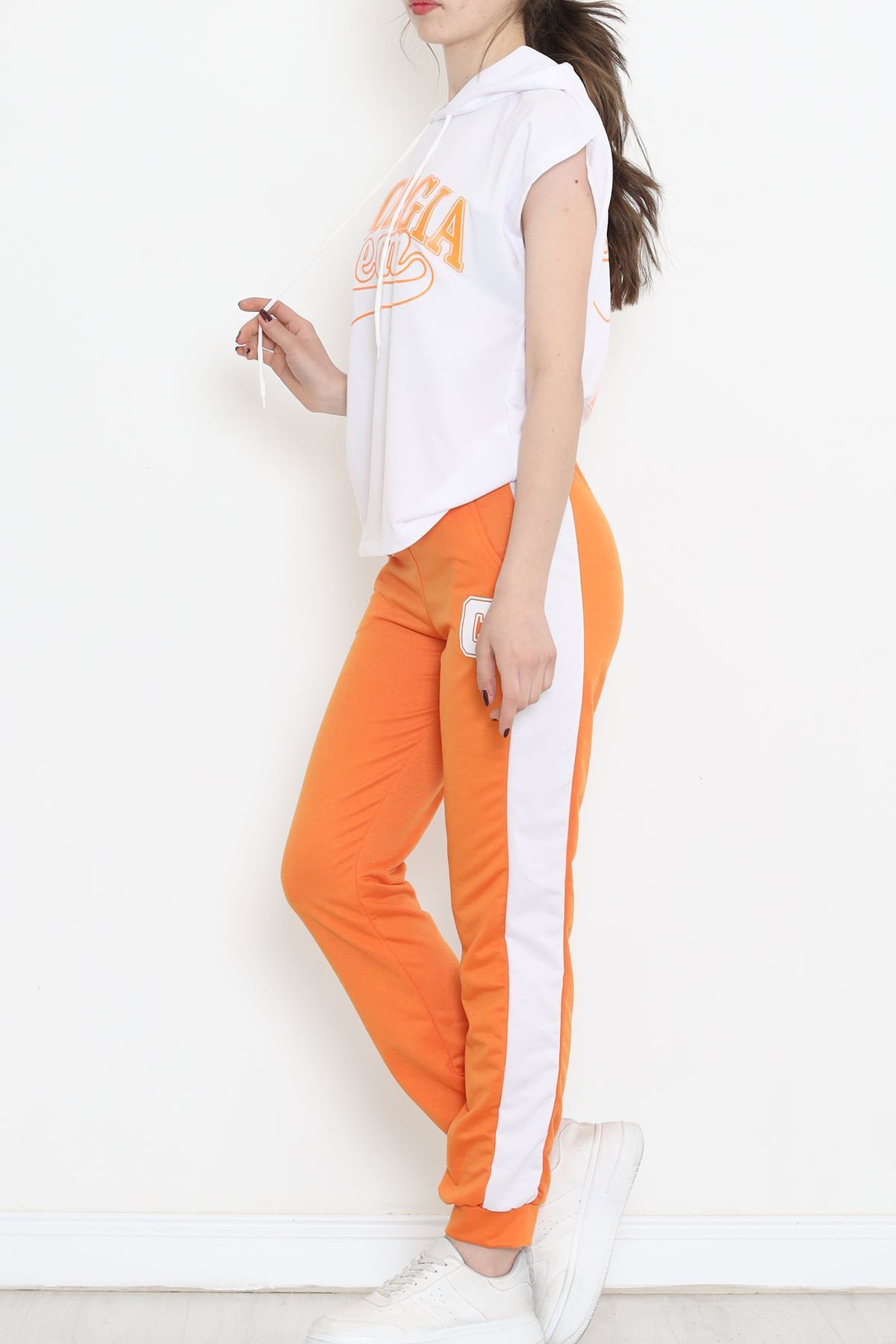 Kapşonlu Baskılı Eşofman Takımı Beyazturuncu - 16600.5238.