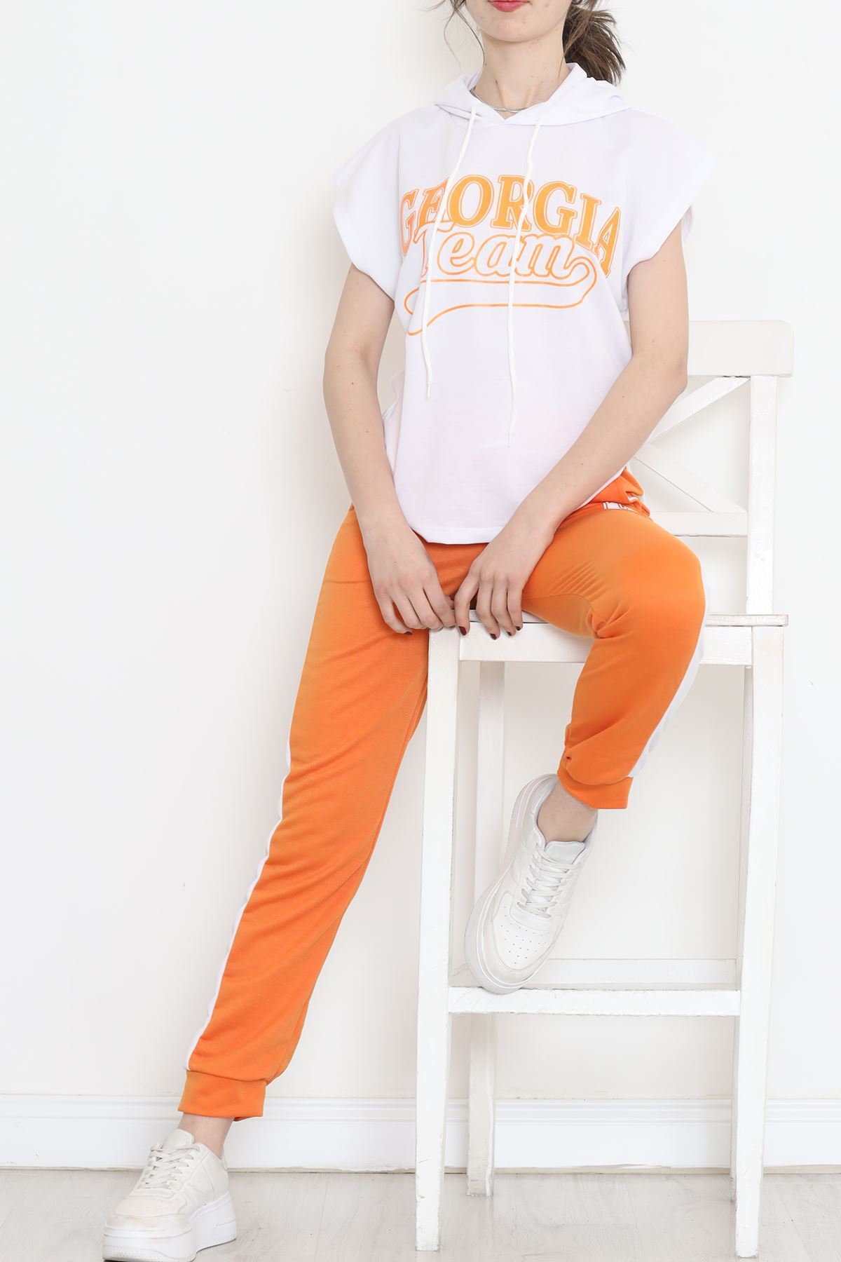 Kapşonlu Baskılı Eşofman Takımı Beyazturuncu - 16600.5238.