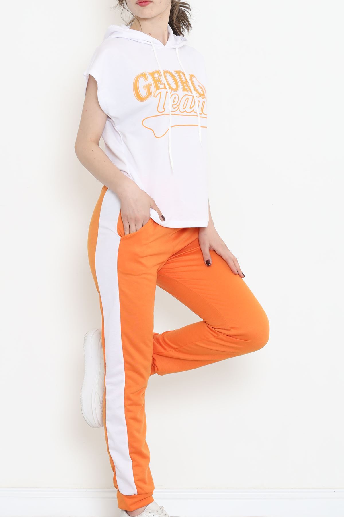 Kapşonlu Baskılı Eşofman Takımı Beyazturuncu - 16600.5238.