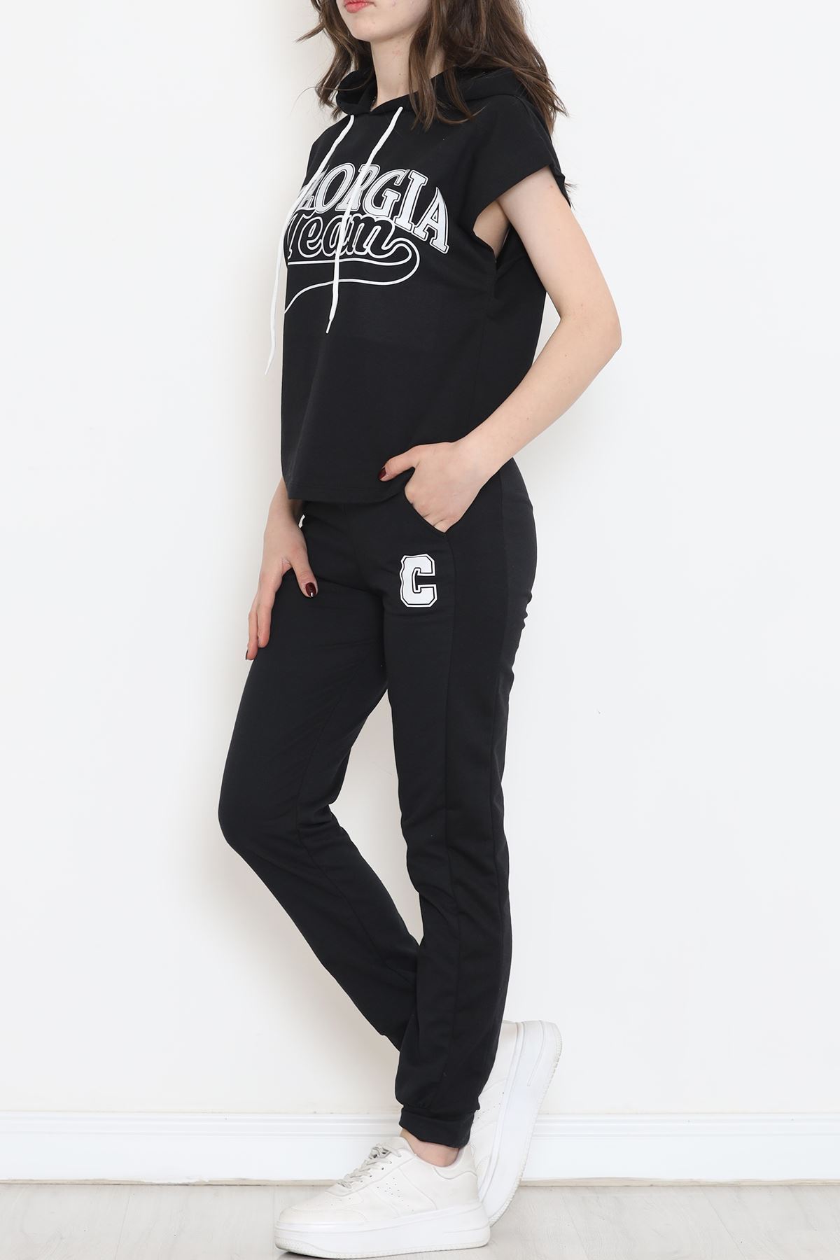 Kapşonlu Baskılı Eşofman Takımı Siyah - 16600.5238.